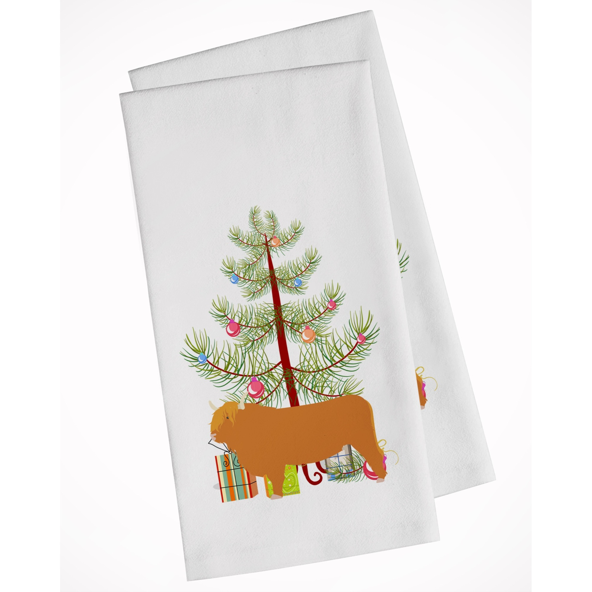 Highland Cow Christmas White Kitchen Towel Set of 2