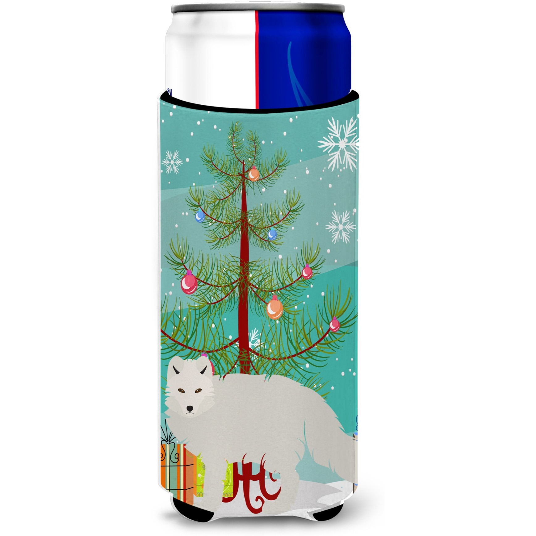 &quotCaroline's Treasures White Arctic Fox Christmas Decorative Can Hugger, Slim, Multicolor"