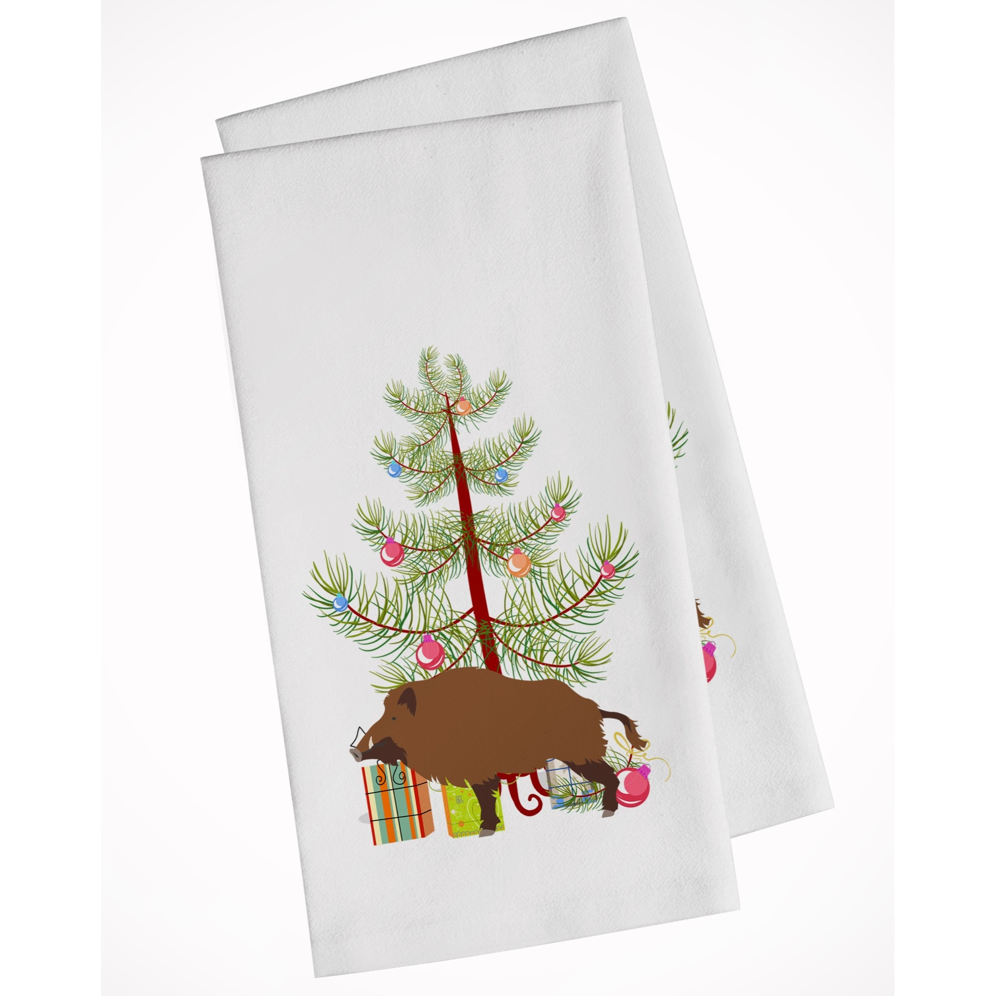 Wild Boar Pig Christmas White Kitchen Towel Set of 2