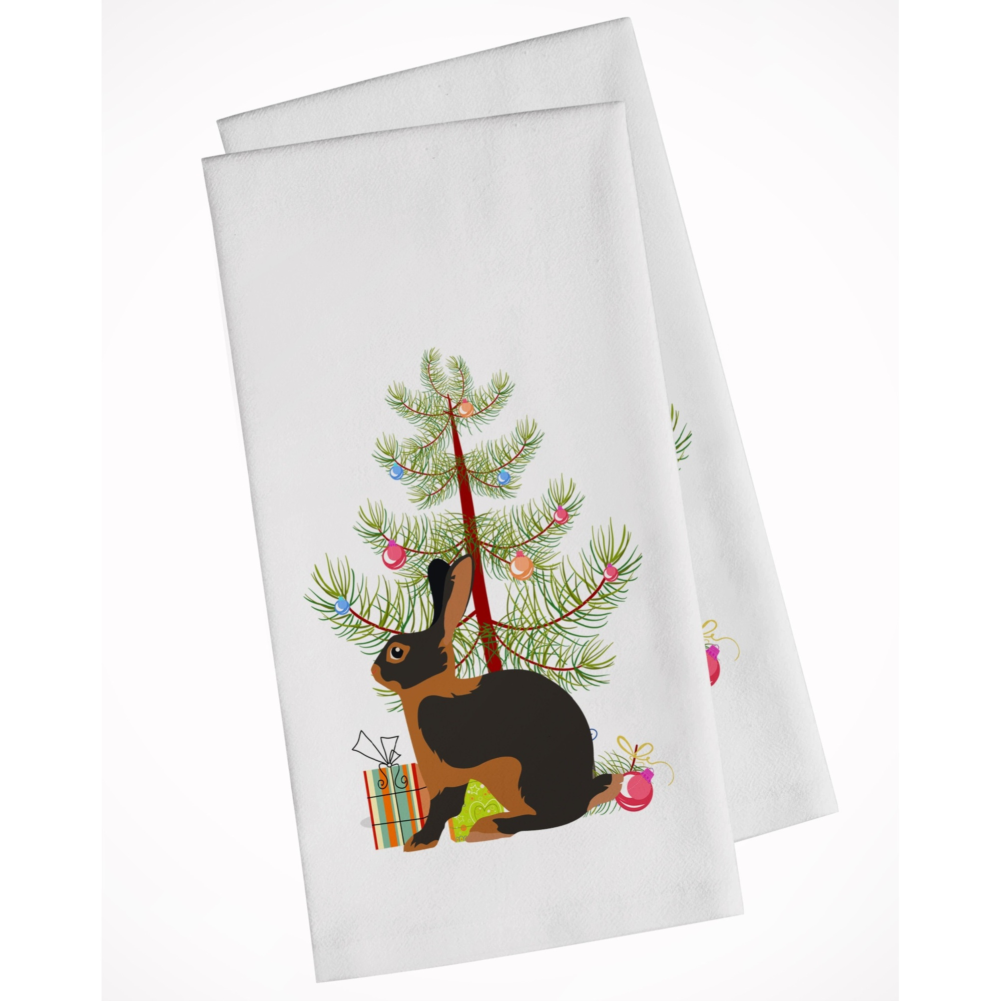 Tan Rabbit Christmas White Kitchen Towel Set of 2