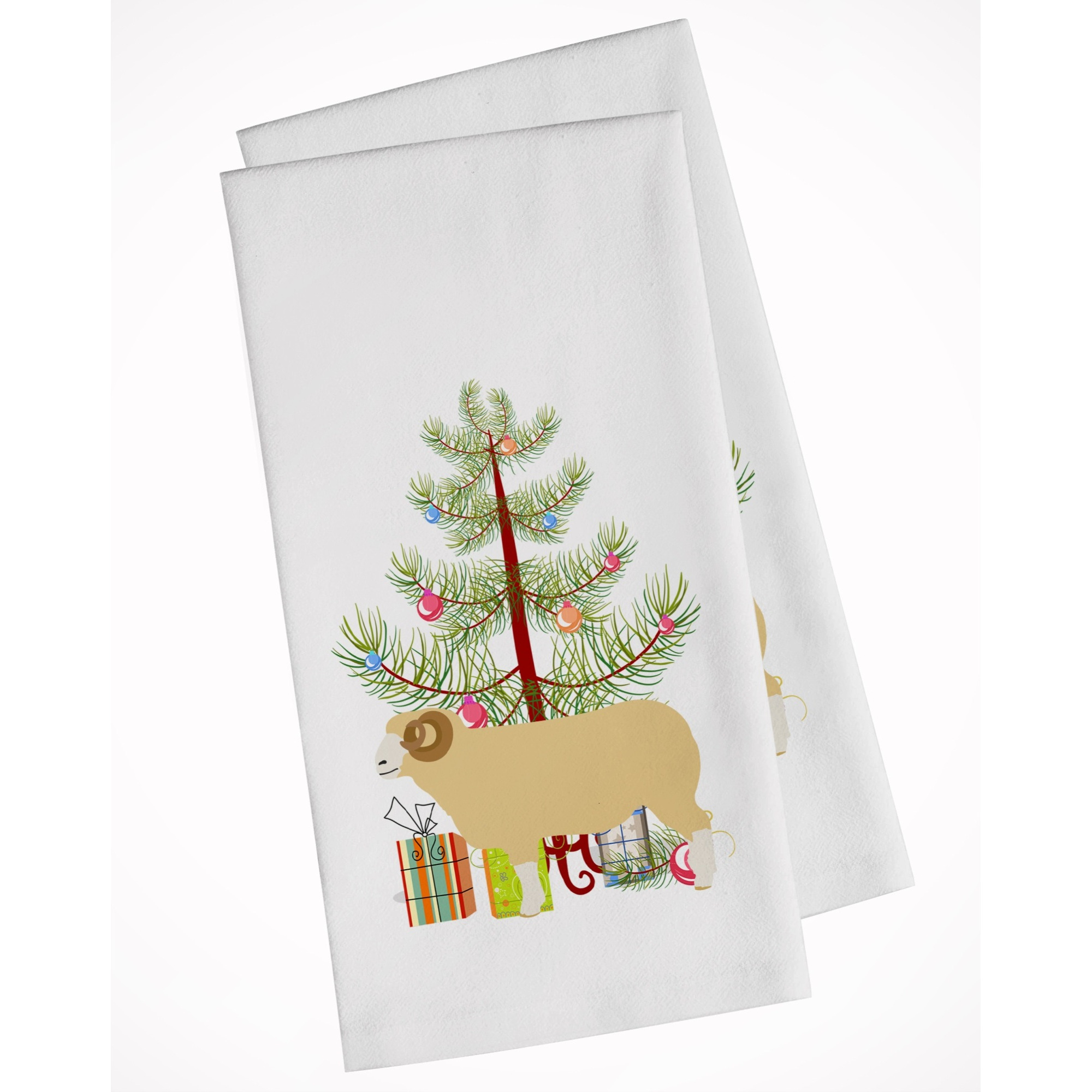 Horned Dorset Sheep Christmas White Kitchen Towel Set of 2