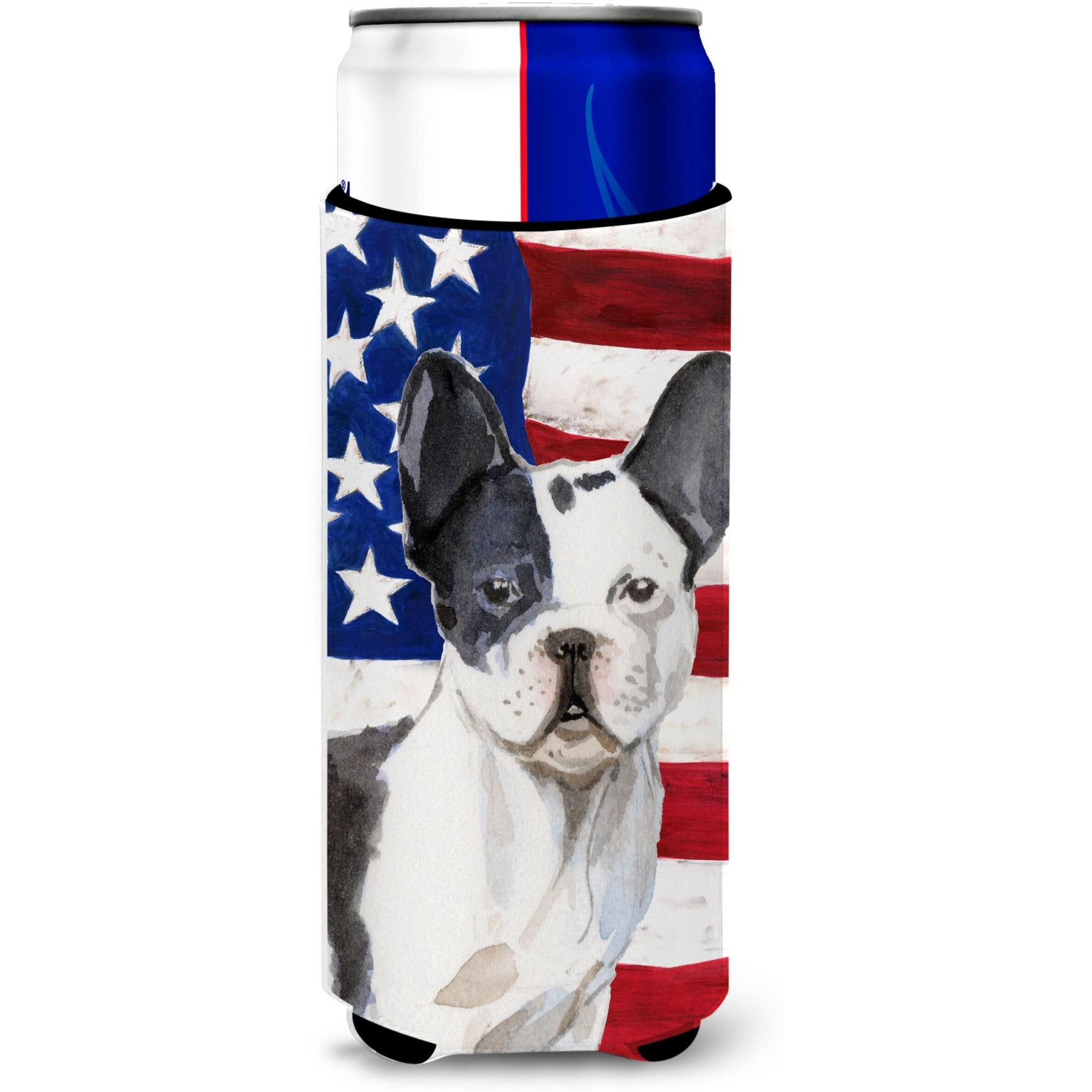 &quotCaroline's Treasures Black White French Bulldog Patriotic Decorative Can Hugger, Slim, Multicolor"