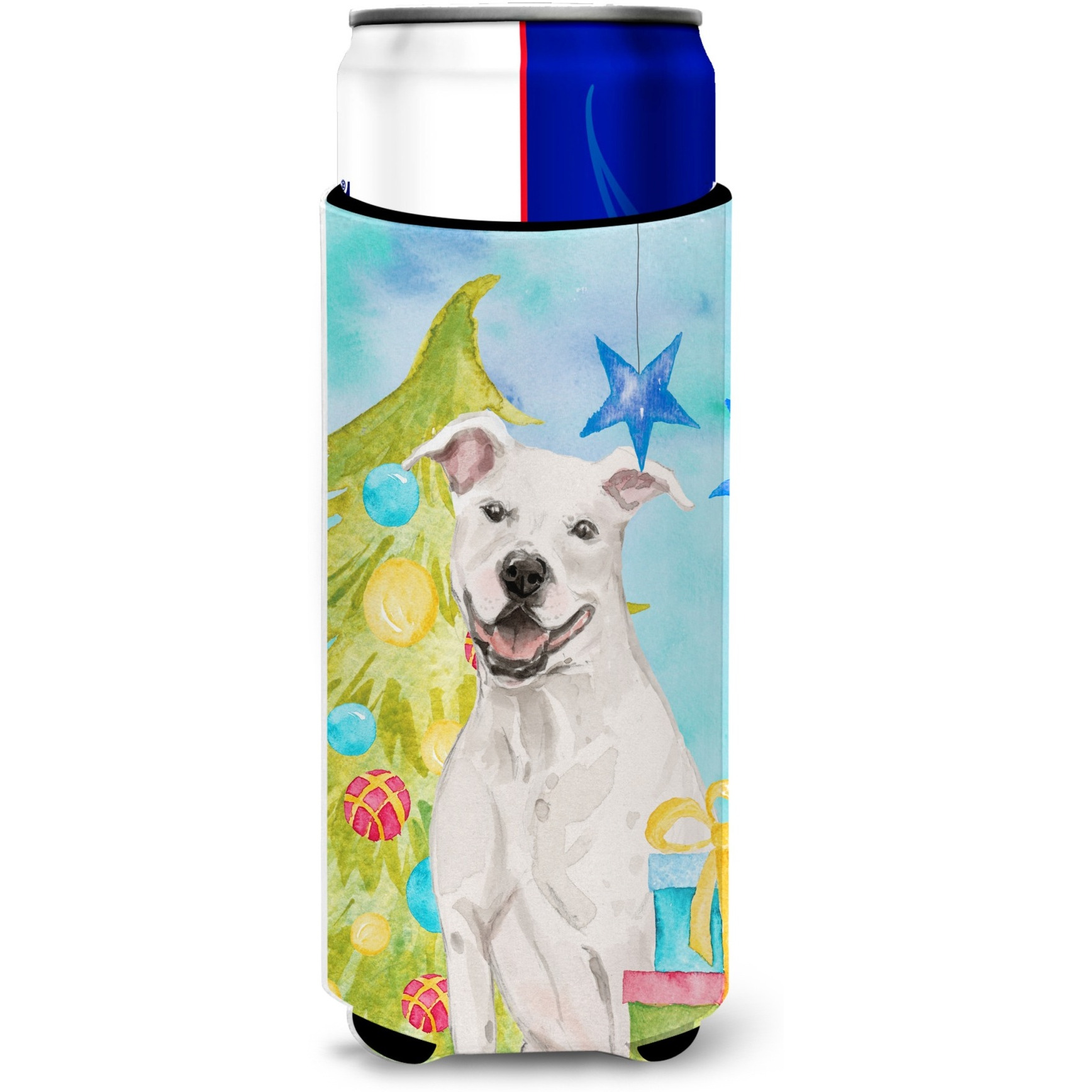 &quotCaroline's Treasures White Staffie Bull Terrier Christmas Decorative Can Hugger, Slim, Multicolor"