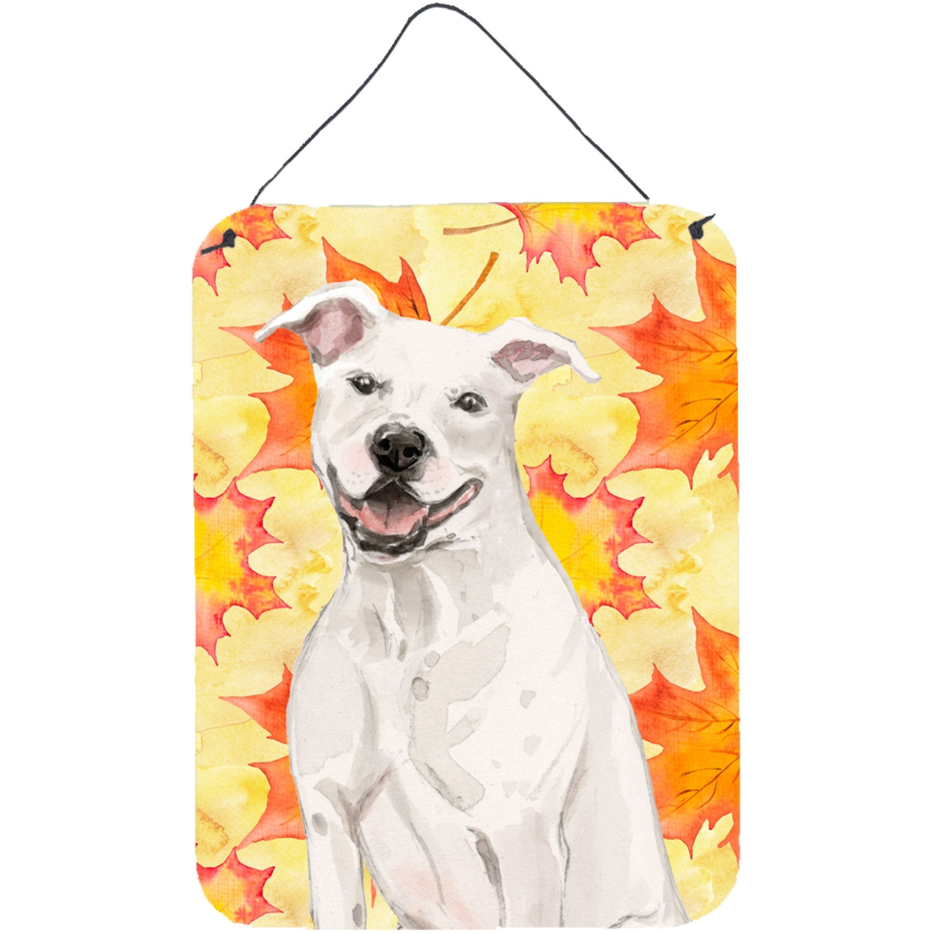&quotCaroline's Treasures White Staffie Bull Terrier Fall Metal Print, 16"" x 12"", Multicolor"