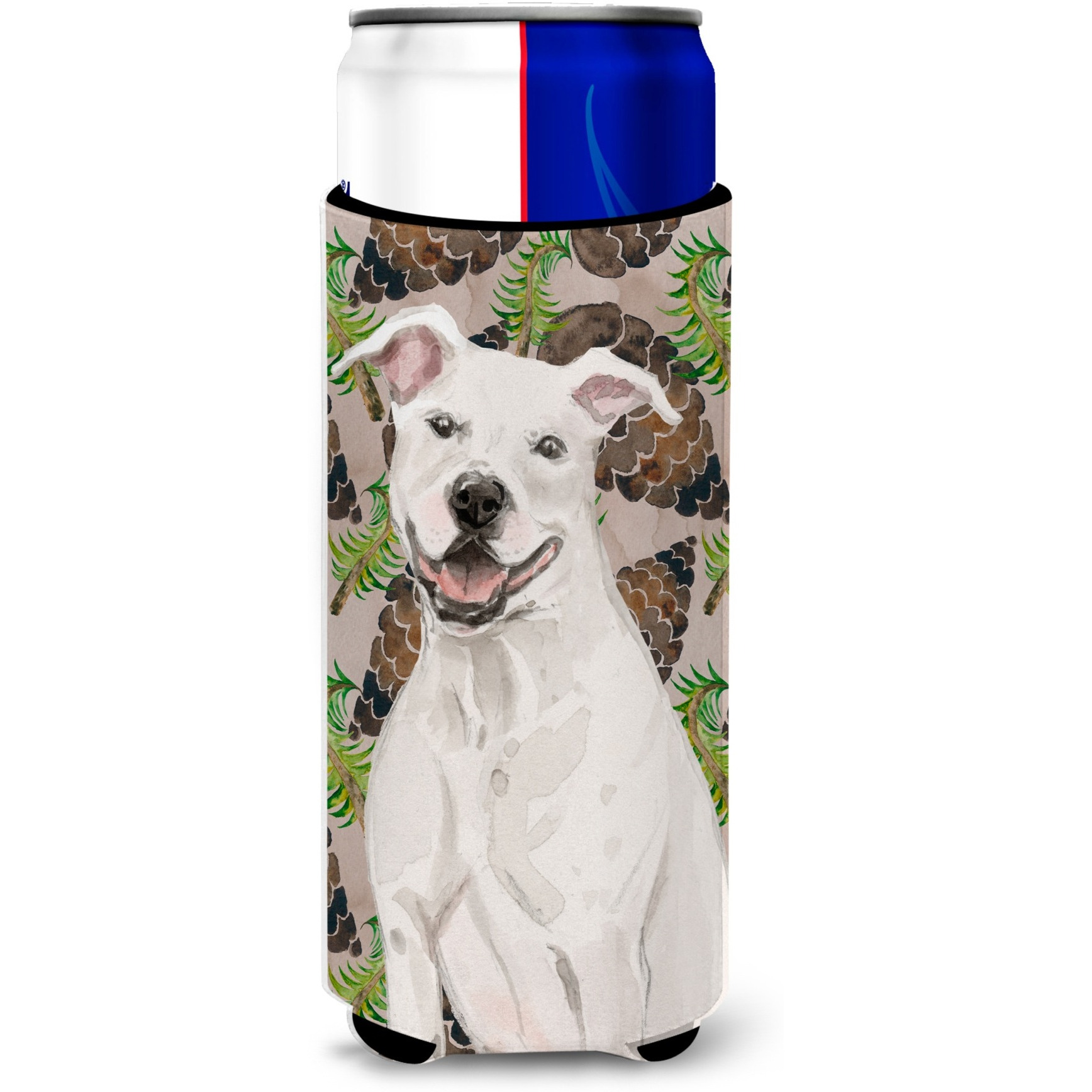 &quotCaroline's Treasures White Staffie Bull Terrier Pine Cones Decorative Can Hugger, Slim, Multicolor"