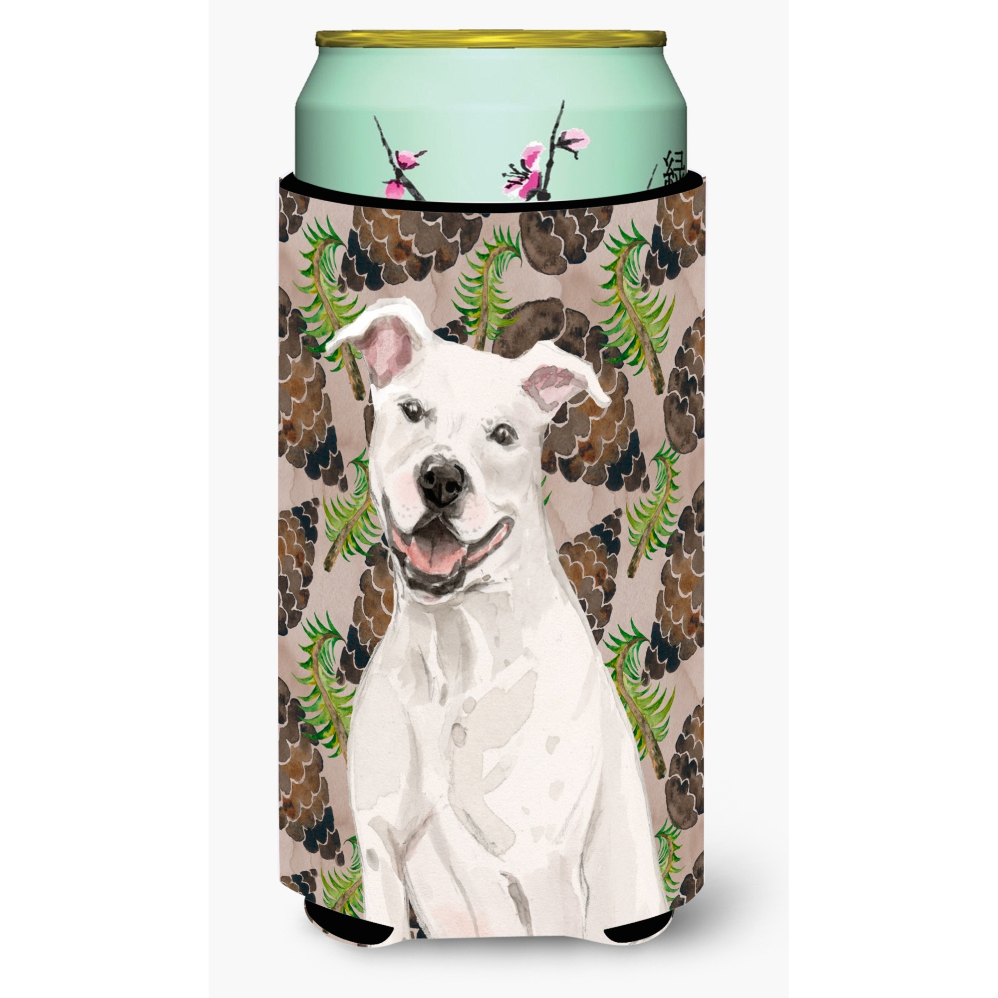 &quotCaroline's Treasures White Staffie Bull Terrier Pine Cones Decorative Can Hugger, Tall, Multicolor"