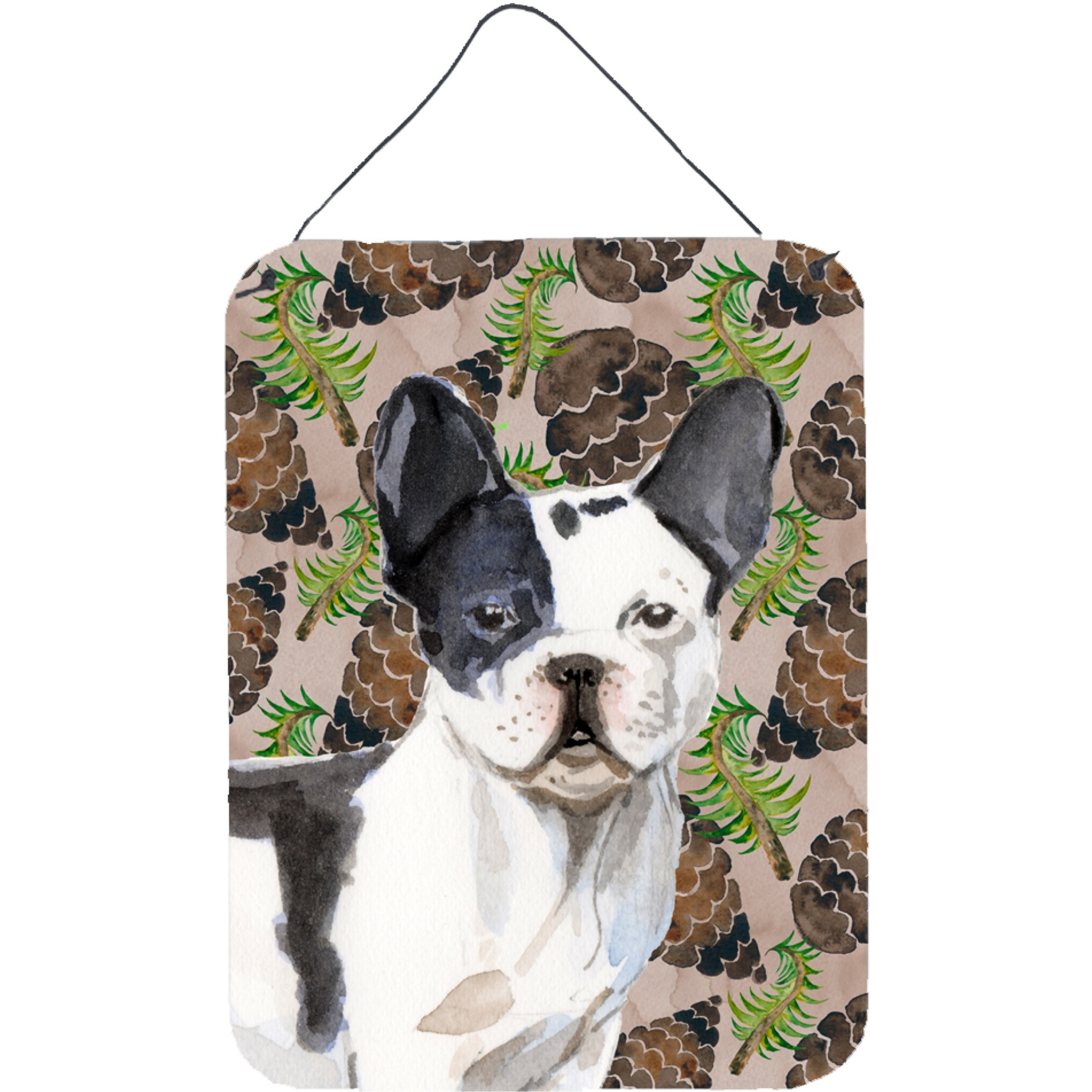 &quotCaroline's Treasures Black White French Bulldog Pine Cones Metal Print, 16"" x 12"", Multicolor"