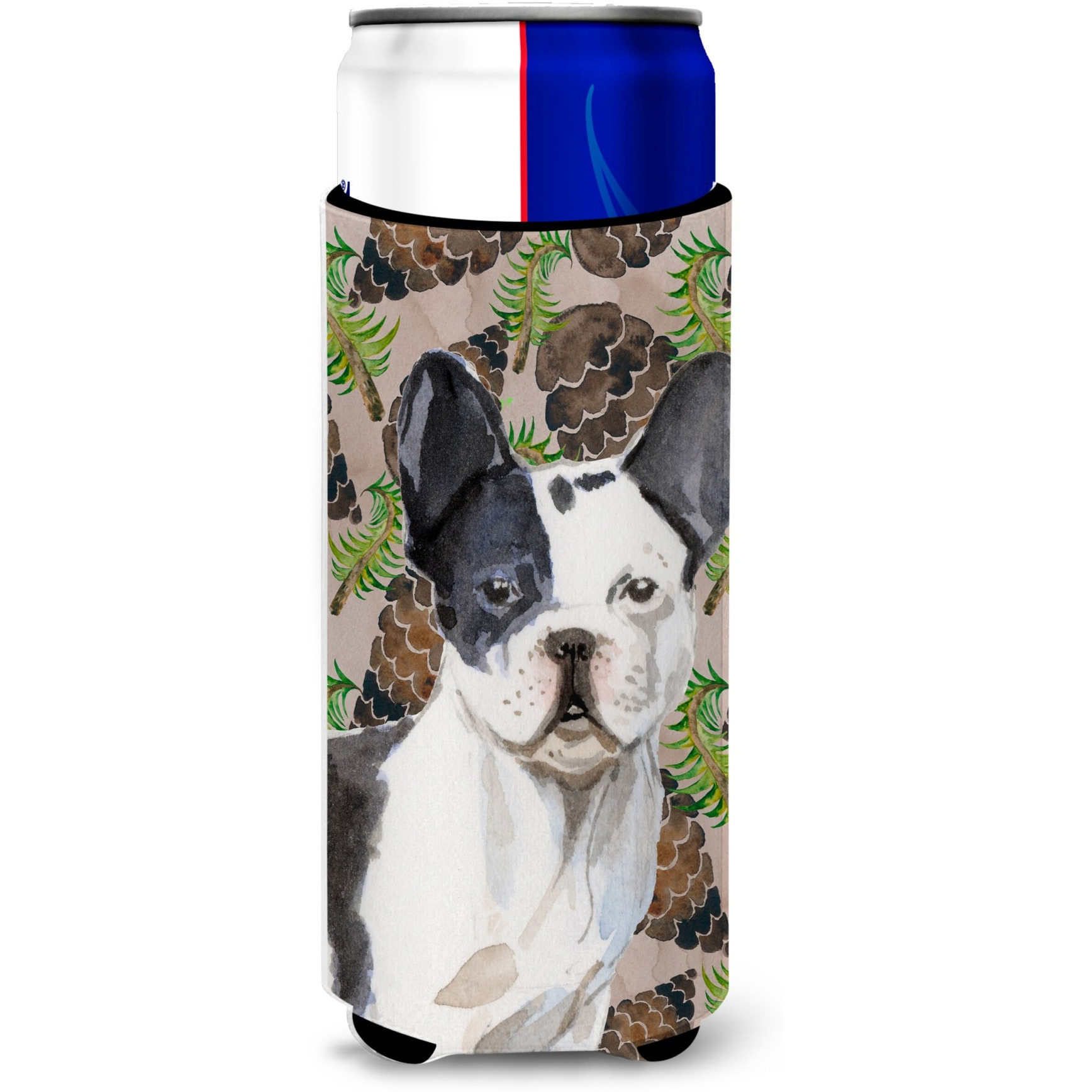 &quotCaroline's Treasures Black White French Bulldog Pine Cones Decorative Can Hugger, Slim, Multicolor"