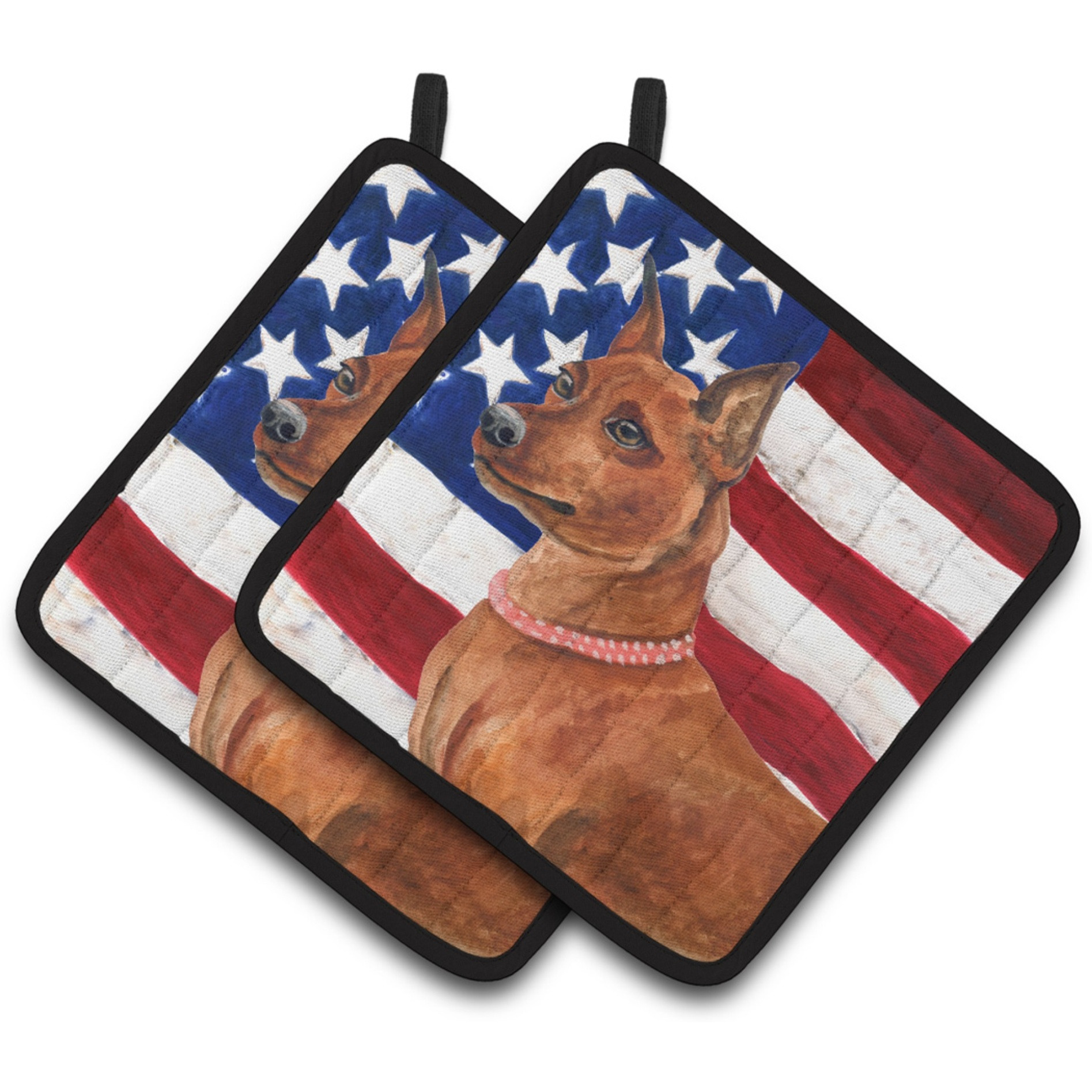 &quotCaroline's Treasures Miniature Pinscher Patriotic Decorated pot holder, 7.5H x 7.5W, USA American Flag"