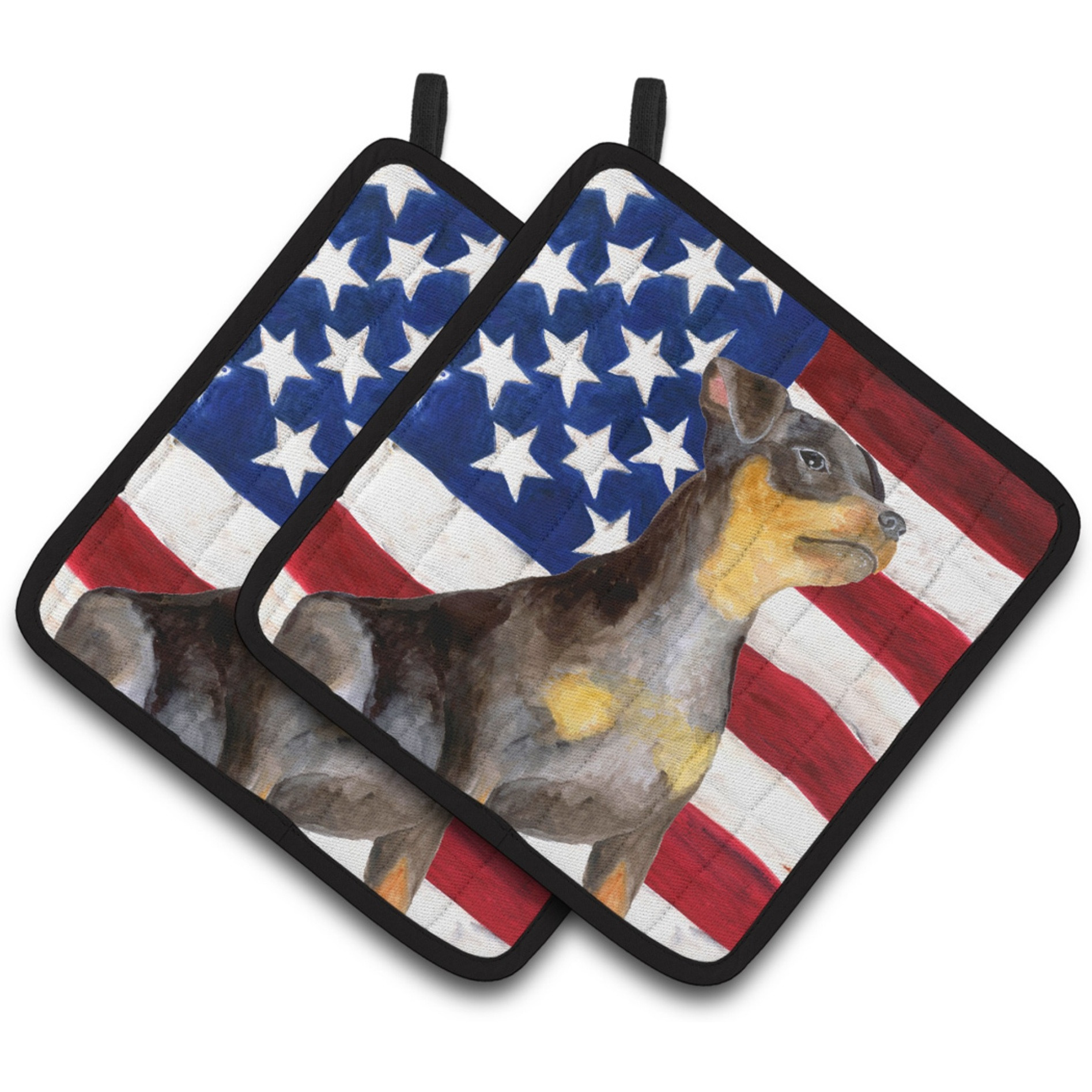 &quotCaroline's Treasures Miniature Pinscher 2 Patriotic Decorated pot holder, 7.5H x 7.5W, USA American Flag"
