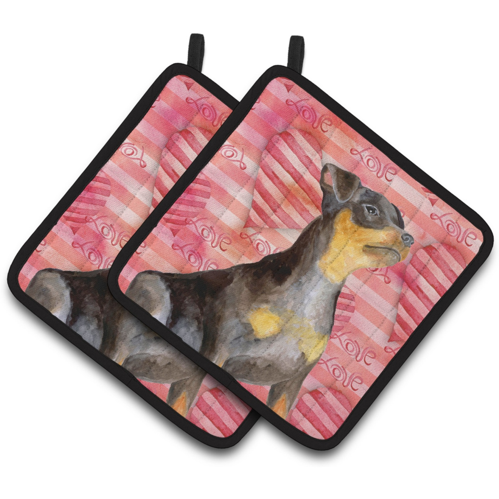 &quotCaroline's Treasures Miniature Pinscher 2 Decorated pot holder, 7.5H x 7.5W, Love is a Dog"
