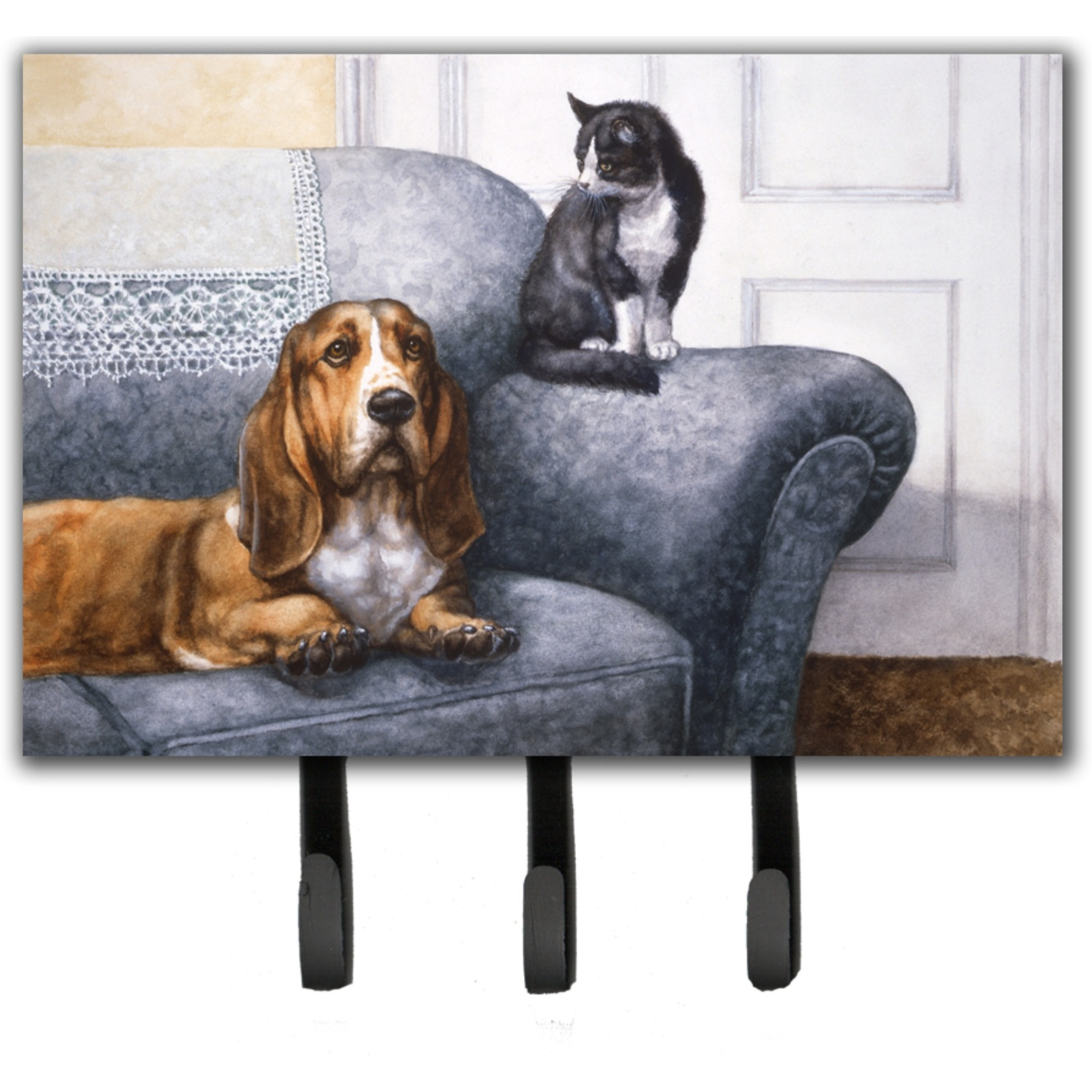&quotCaroline's Treasures BDBA0182TH68 Basset Hound and Cat on Couch Leash or Key Holder, Large, Multicolor"
