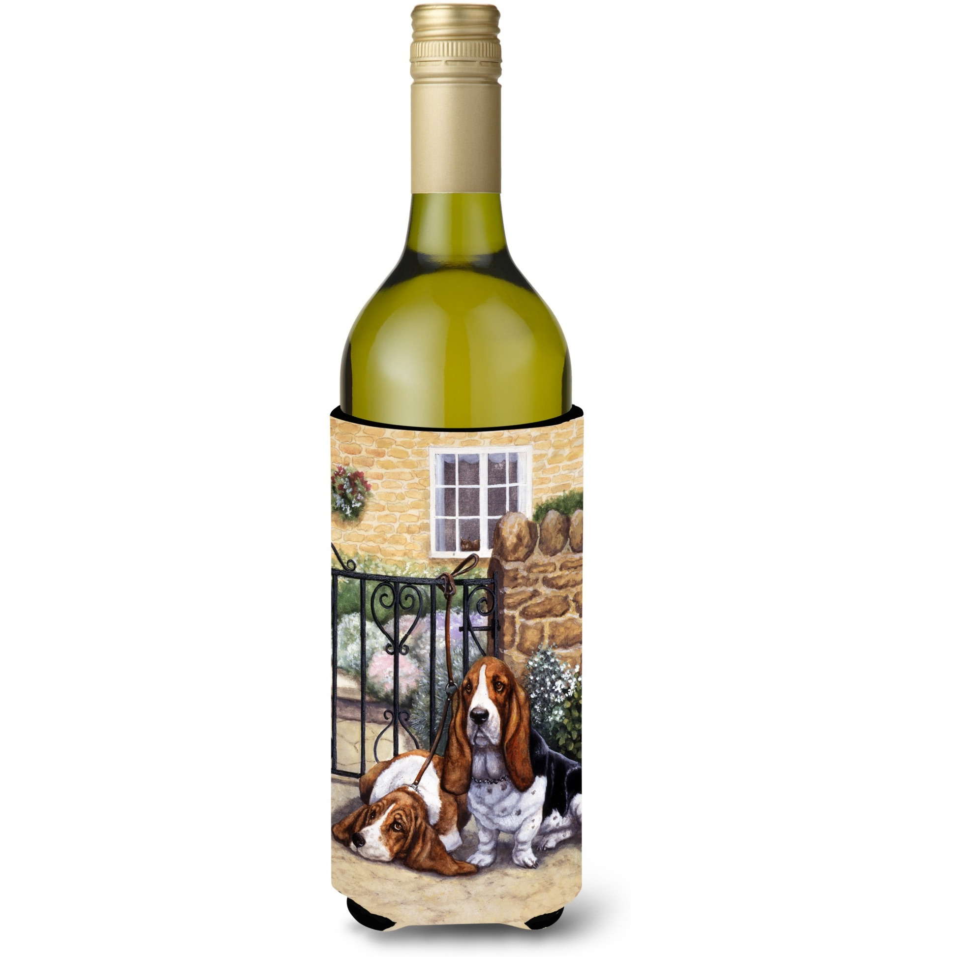 &quotCaroline's Treasures Basset Hound At The Gate Wine Bottle Koozie Hugger, 750ml, Multicolor"