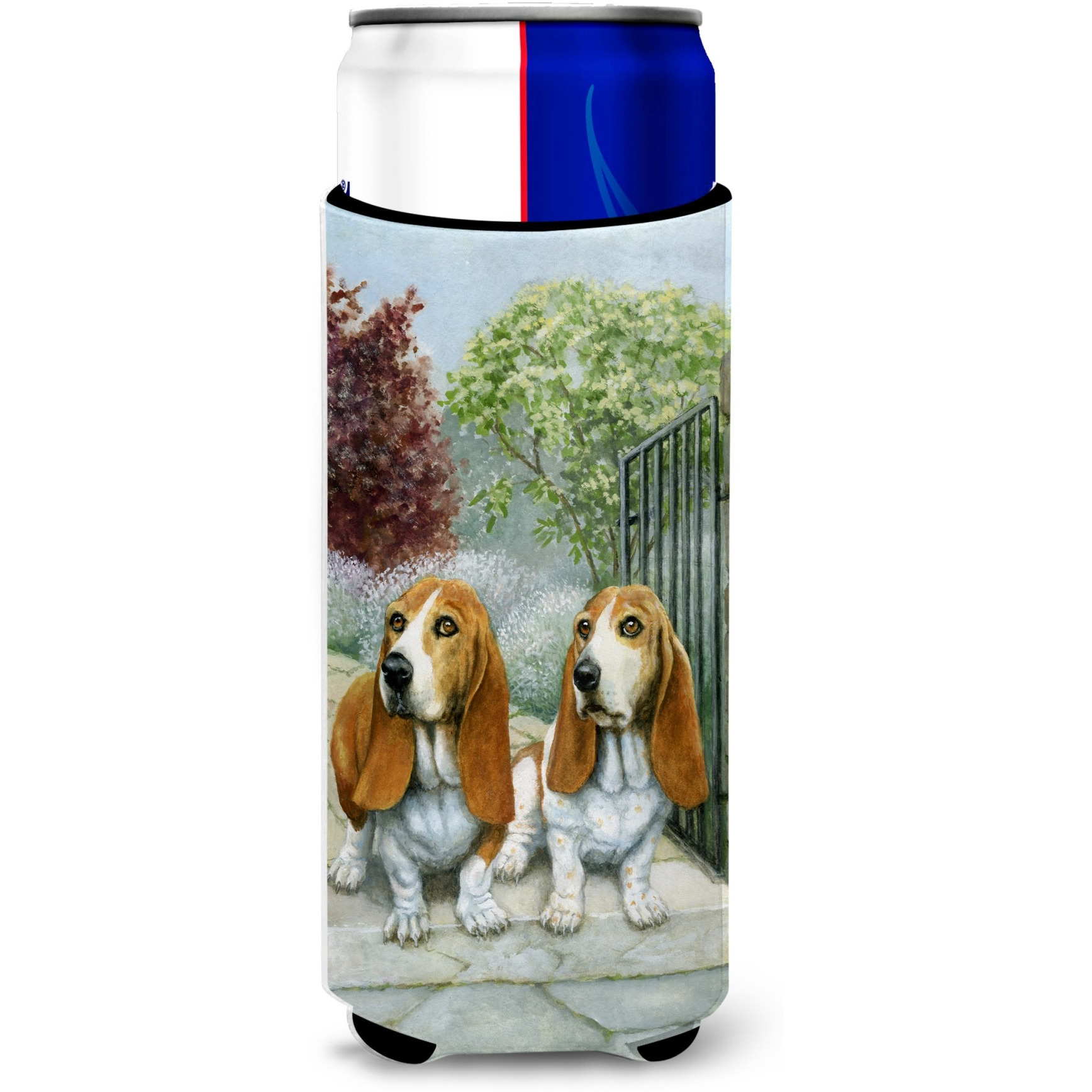 &quotCaroline's Treasures Basset Hounds In The Gate Michelob Ultra Koozies for Slim Cans, Multicolor"