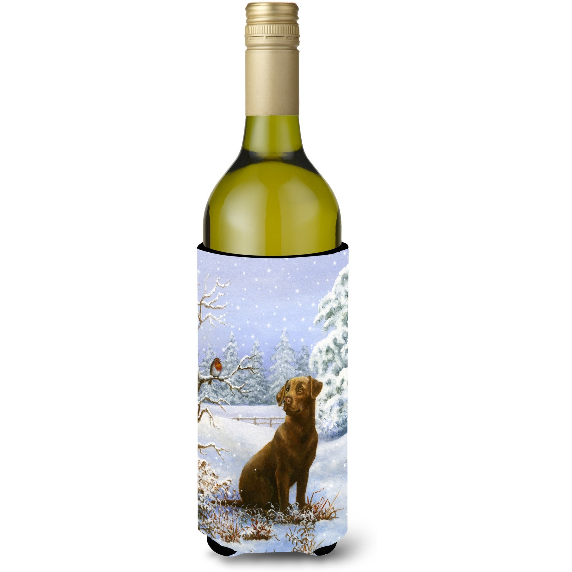 &quotCaroline's Treasures Chocolate Labrador Snowy Robin Wine Bottle Koozie Hugger, 750ml, Multicolor"