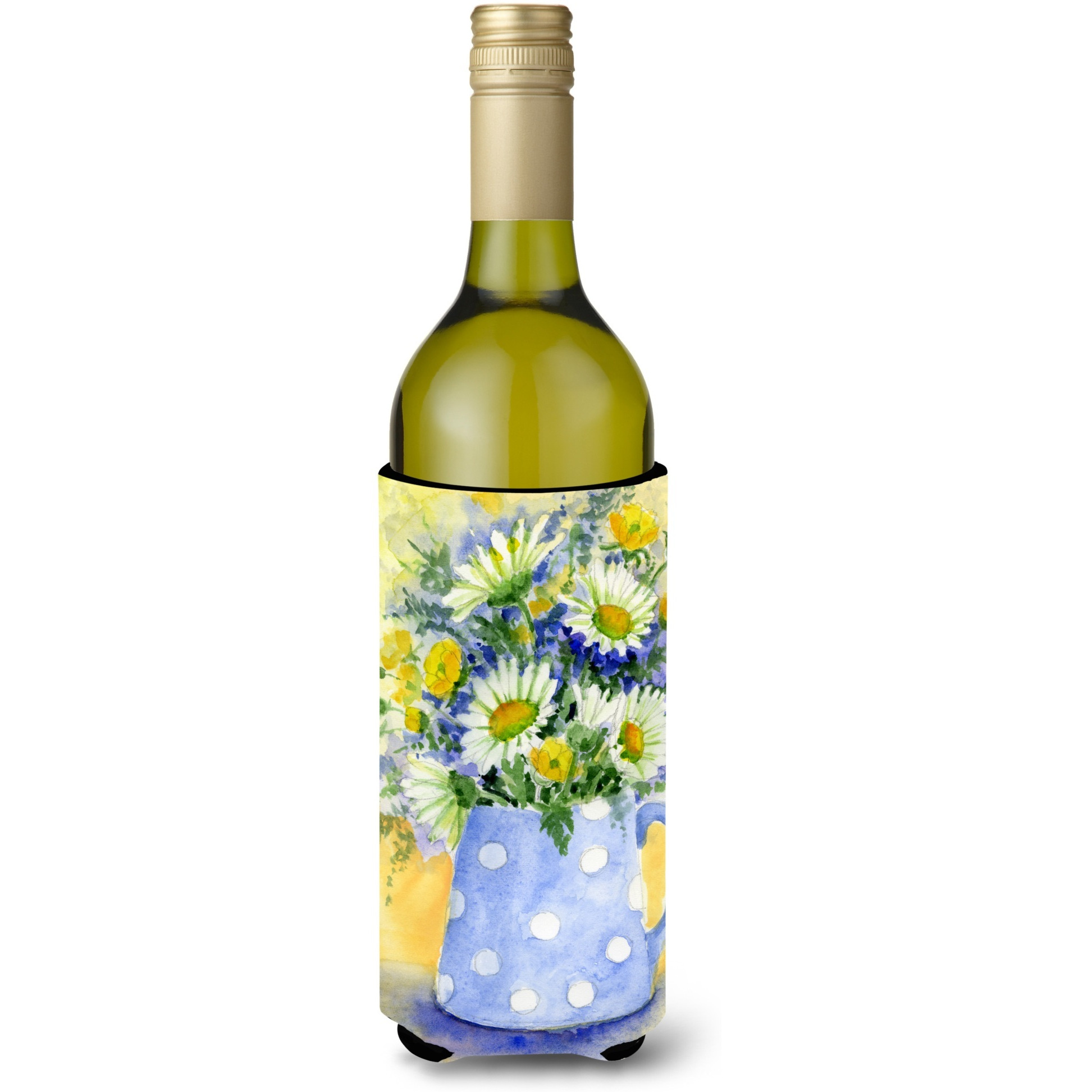 &quotCaroline's Treasures Blue and Yellow Flowers by Maureen Benfield Wine Bottle Koozie Hugger, 750ml, Multicolor"