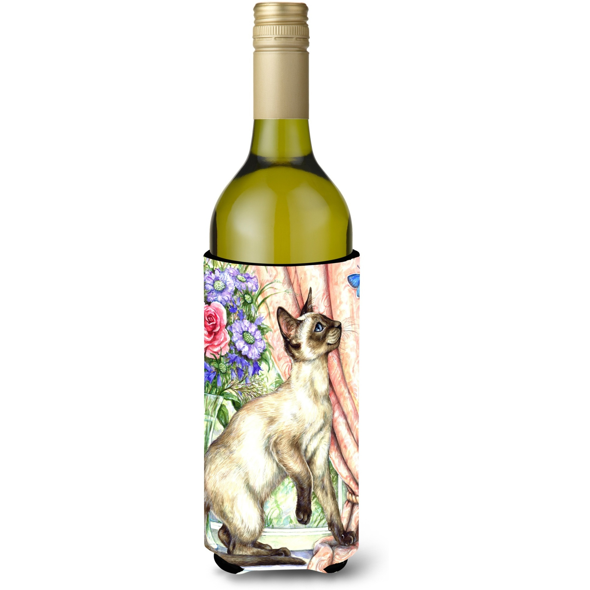 &quotCaroline's Treasures Siamese Cat with Butterfly Wine Bottle Koozie Hugger, 750ml, Multicolor"