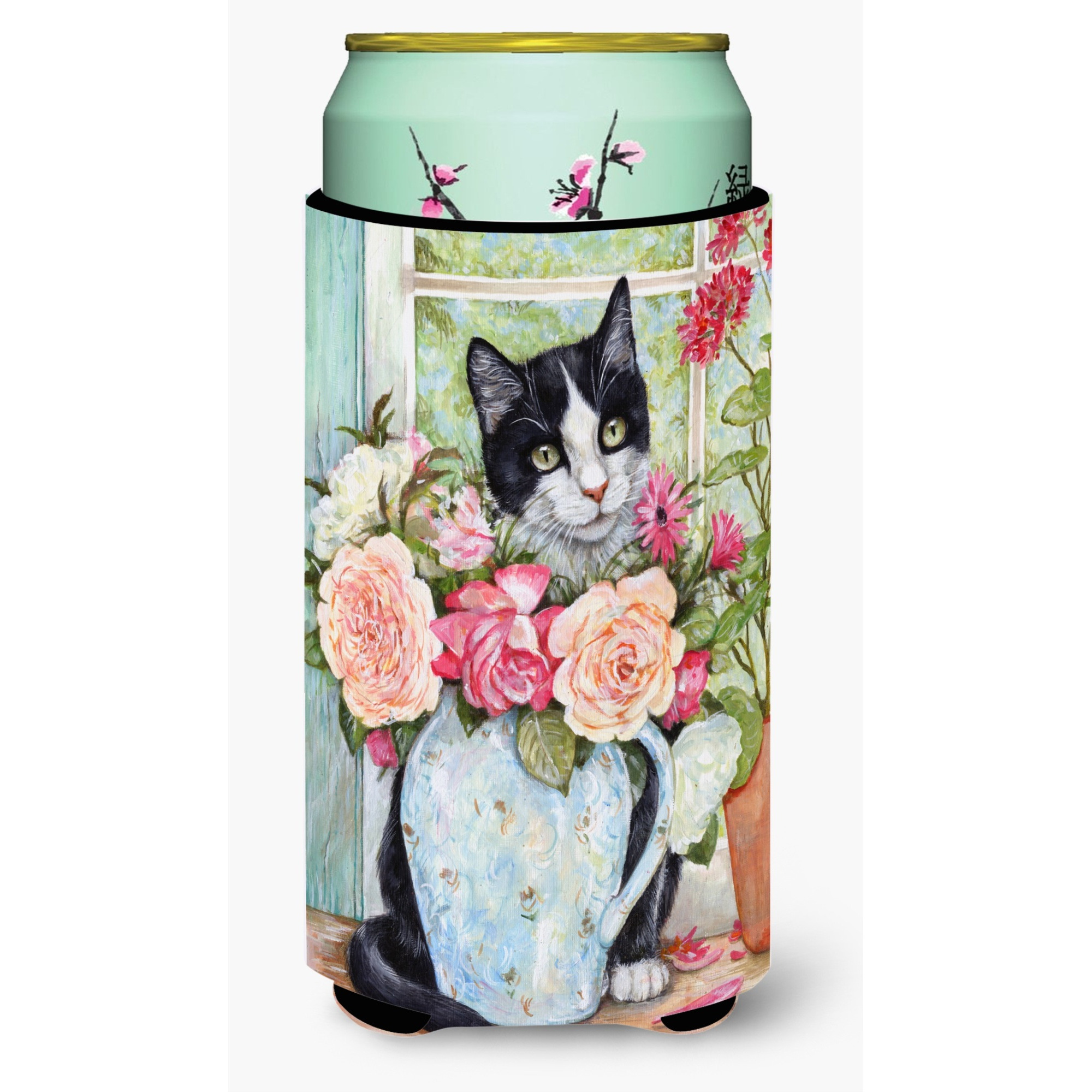 &quotCaroline's Treasures Black and White Rose Cat Tall Boy Koozie Hugger, Multicolor"