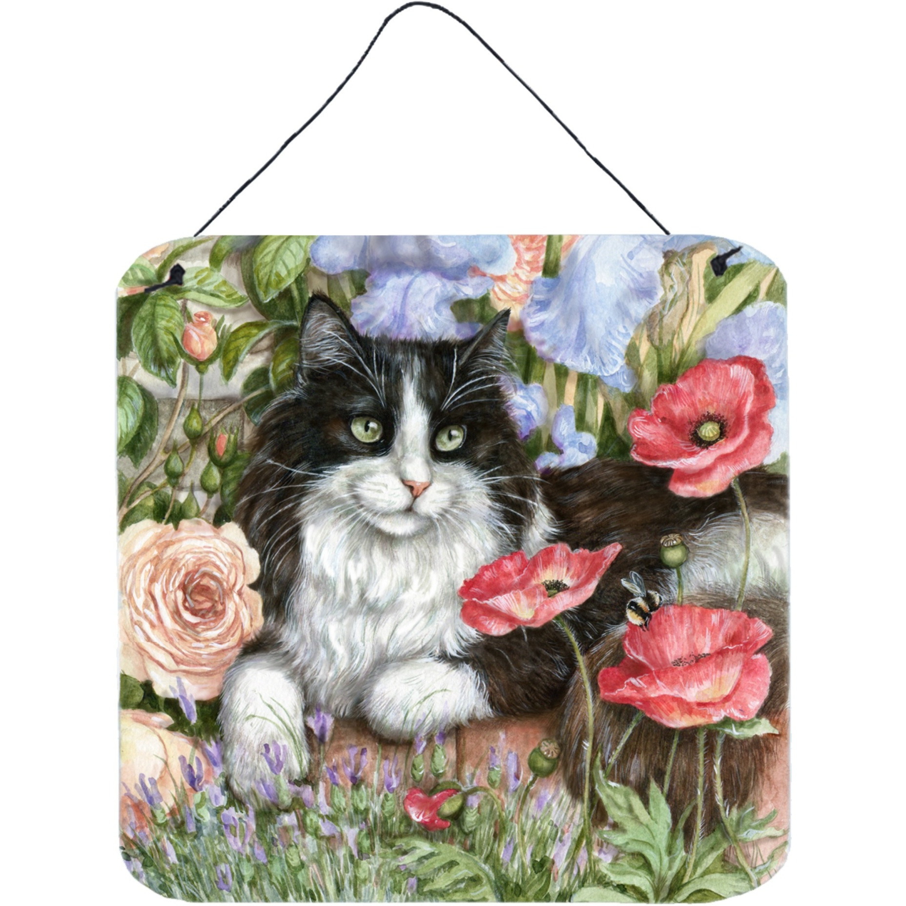&quotCaroline's Treasures Black and White Cat in Poppies Wall or Door Hanging Prints CDCO0231DS66, 6"&quotH x 6"&quotW, Multicolor"