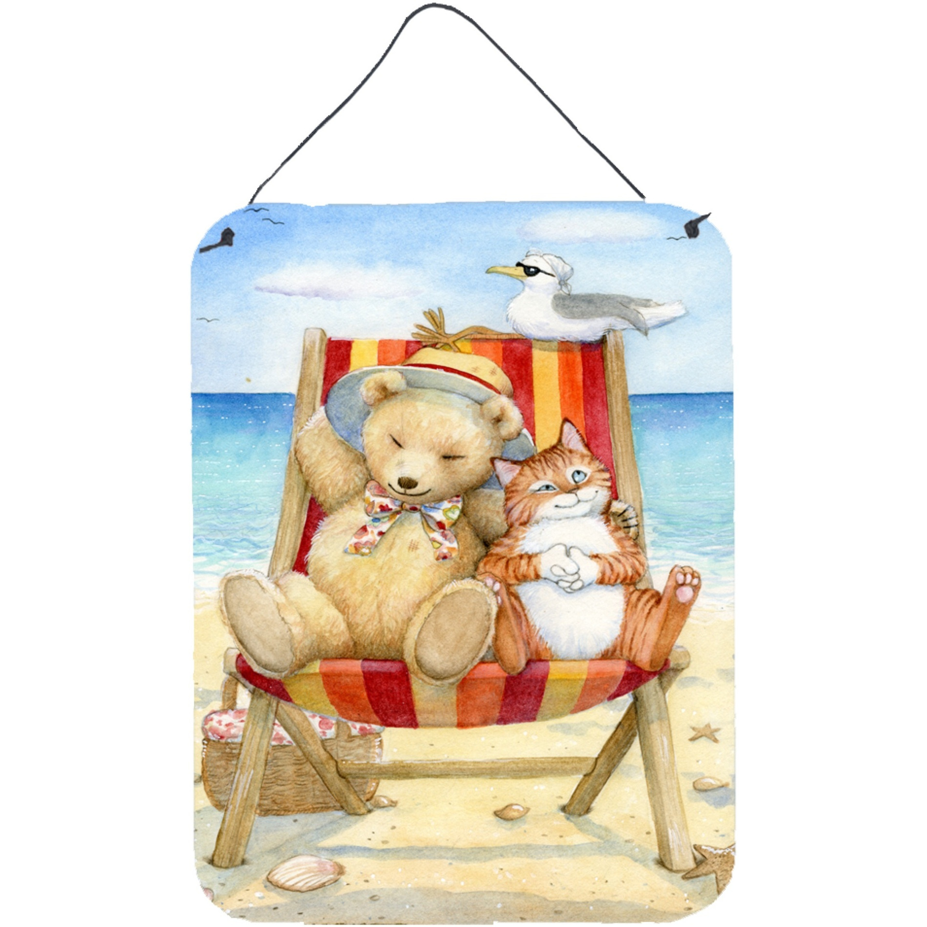&quotCaroline's Treasures Summer Teddy Bear and Cat on Beach Wall or Door Hanging Prints CDCO0336DS1216, 16"&quotH x 12"&quotW, Multicolor"