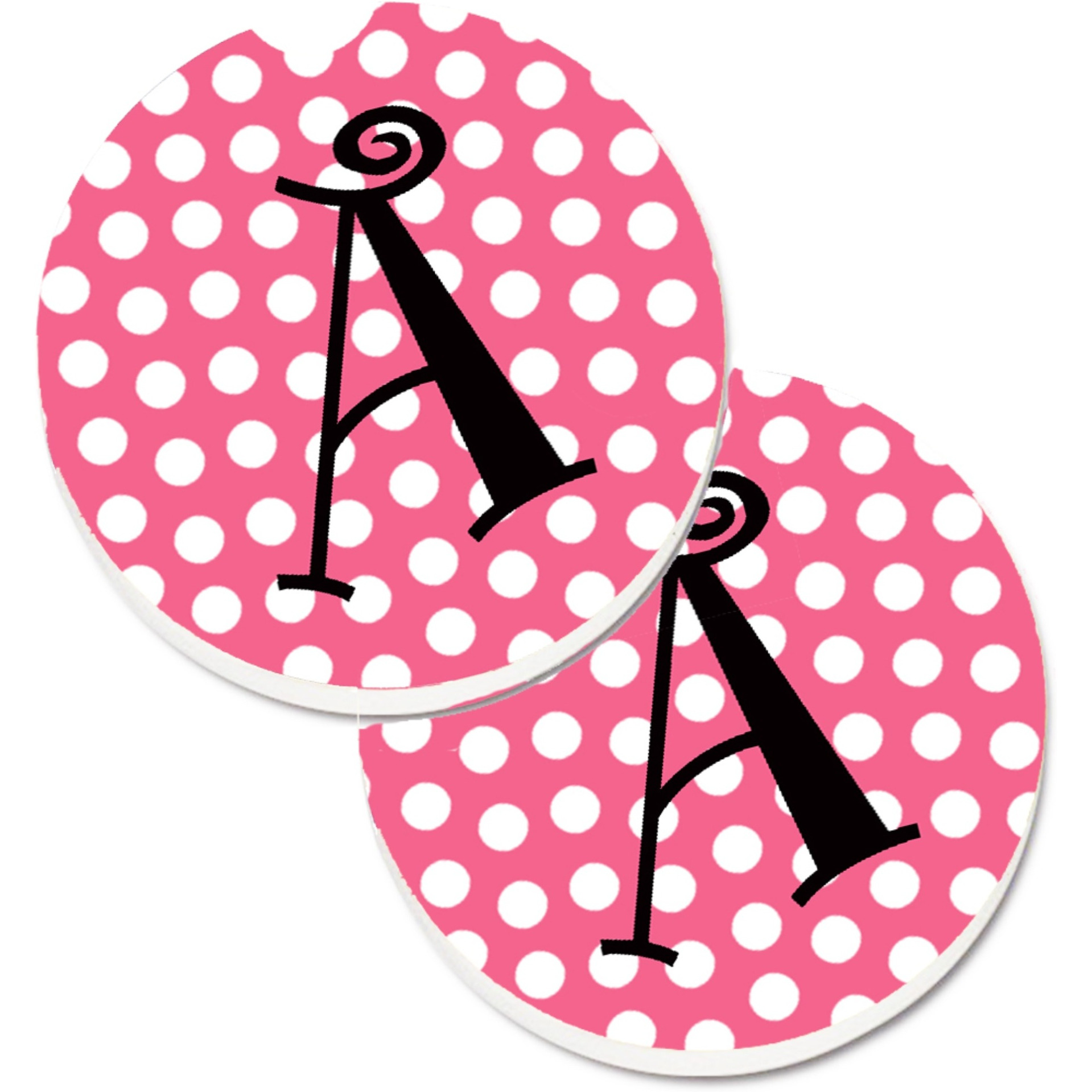 &quotCaroline's Treasures Letter A Monogram - Pink black Polka Dots Set of 2 Cup Holder Car Coasters CJ1001-ACARC, 2.56, Multicolor"