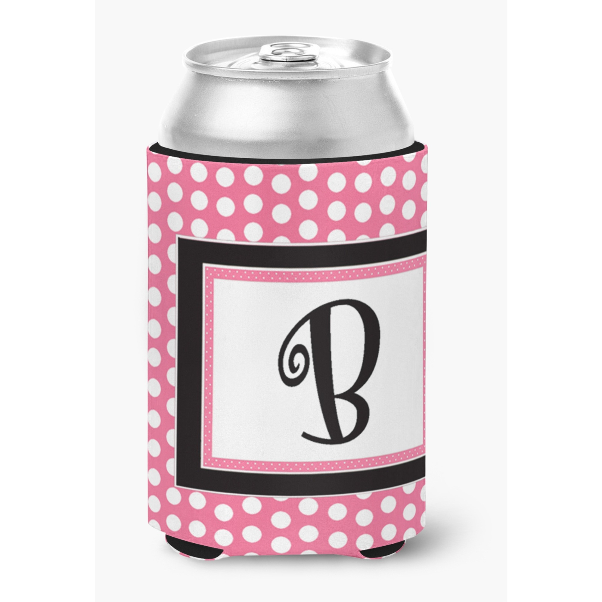 Letter B Initial Monogram - Pink Black Polka Dots Can or Bottle Beverage Insulator Hugger