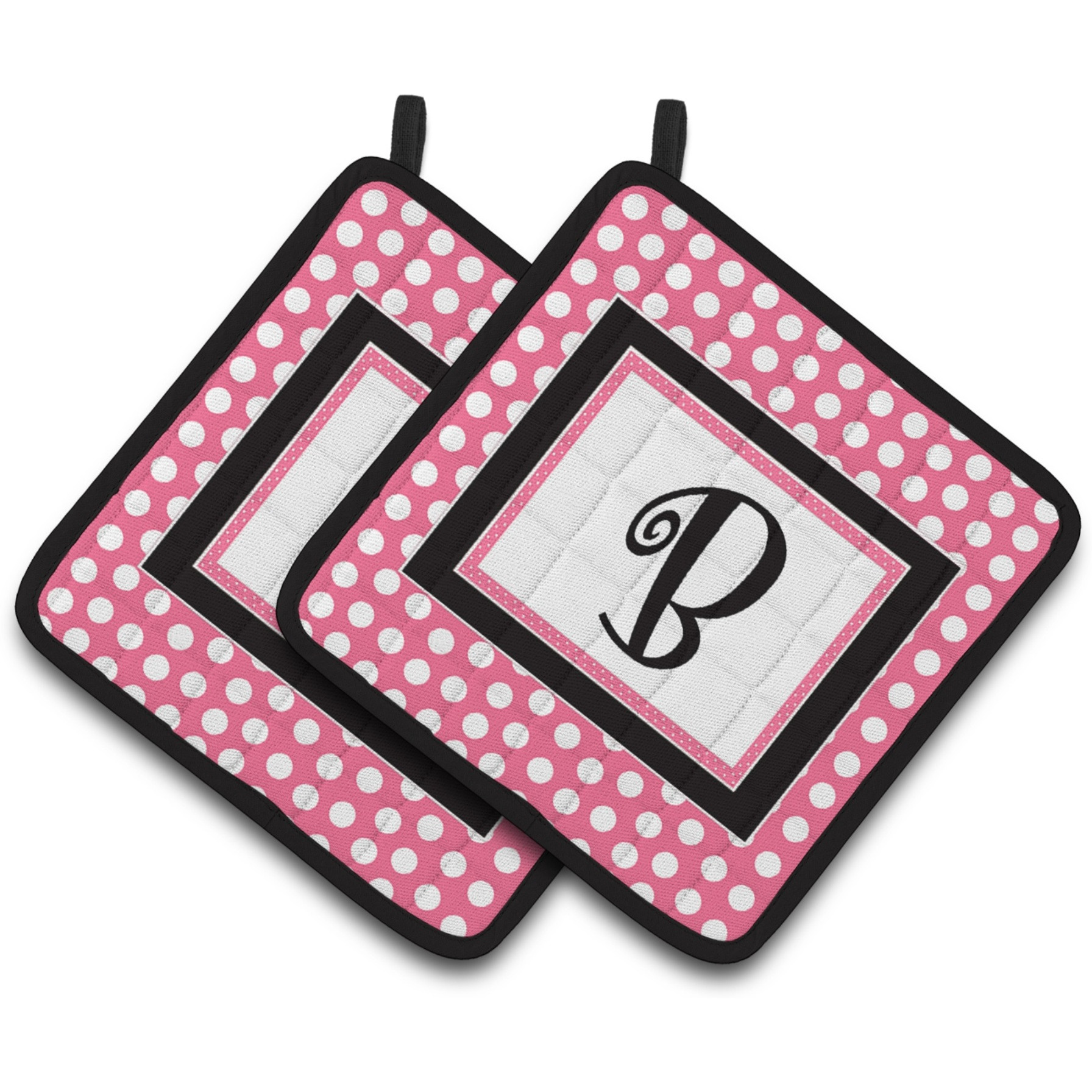&quotCaroline's Treasures Letter B Monogram - Pink black Polka Dots Pair of Pot Holders CJ1001-BPTHD, 7.5HX7.5W, Multicolor"