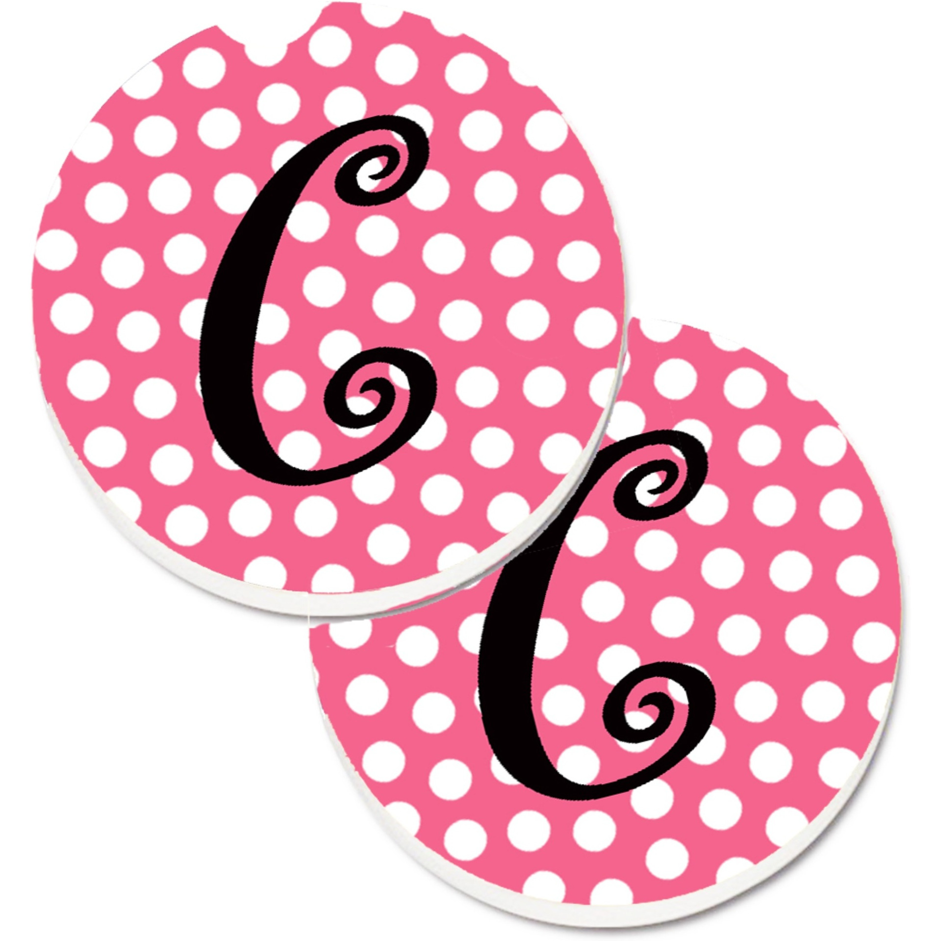 &quotCaroline's Treasures Letter C Monogram - Pink black Polka Dots Set of 2 Cup Holder Car Coasters CJ1001-CCARC, 2.56, Multicolor"