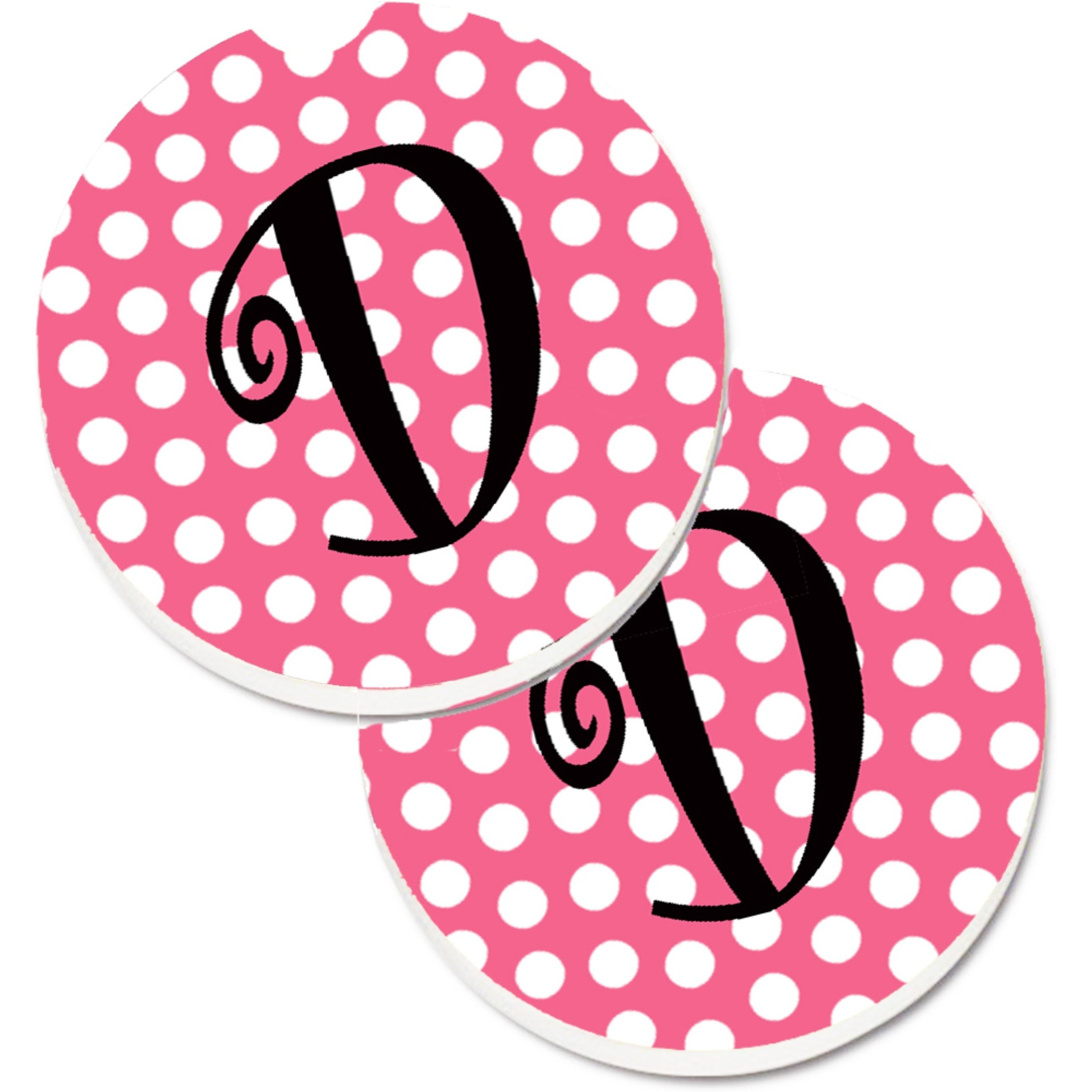 &quotCaroline's Treasures Letter D Monogram - Pink black Polka Dots Set of 2 Cup Holder Car Coasters CJ1001-DCARC, 2.56, Multicolor"