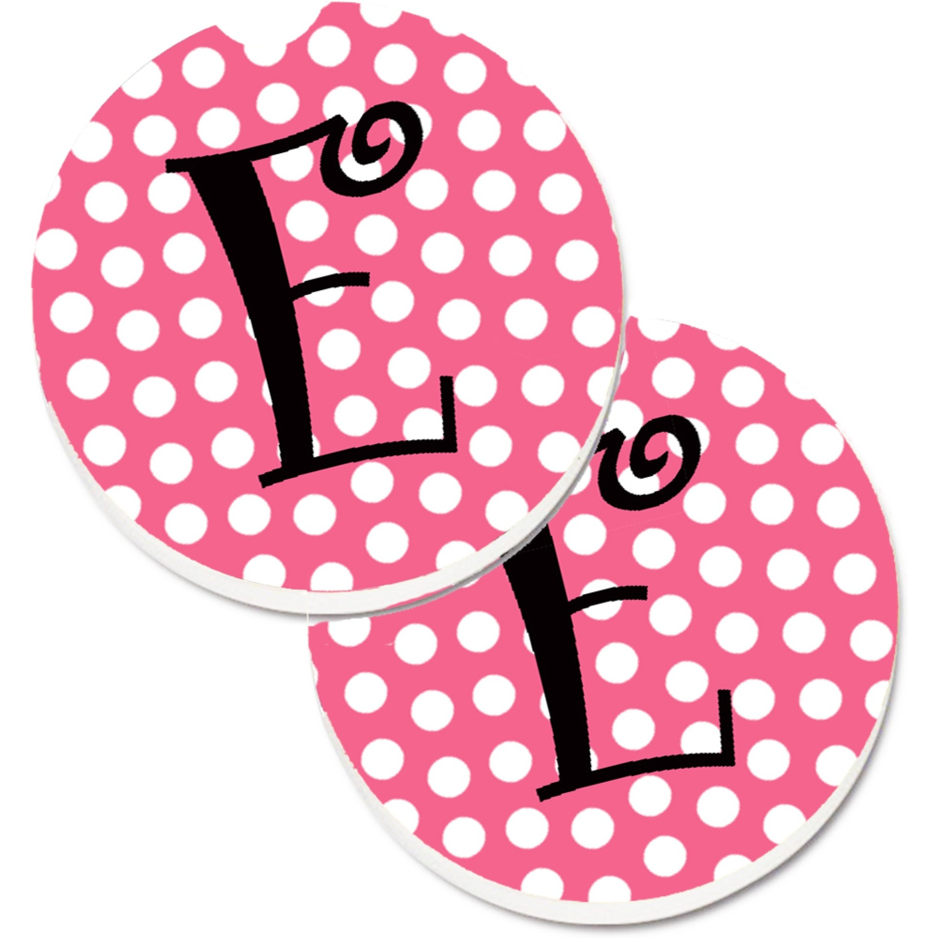 &quotCaroline's Treasures Letter E Monogram - Pink black Polka Dots Set of 2 Cup Holder Car Coasters CJ1001-ECARC, 2.56, Multicolor"