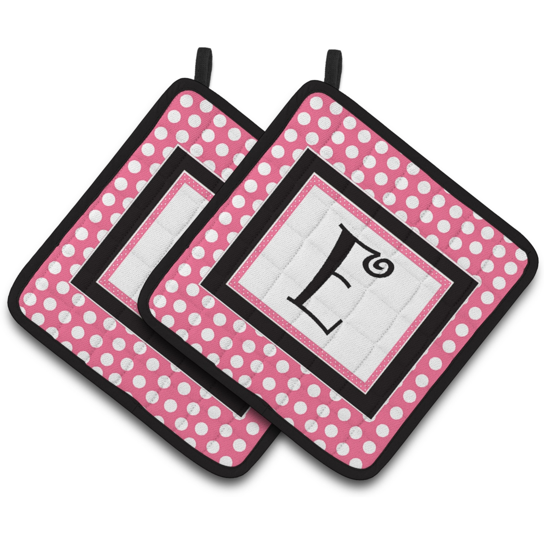 &quotCaroline's Treasures Letter E Monogram - Pink black Polka Dots Pair of Pot Holders CJ1001-EPTHD, 7.5HX7.5W, Multicolor"