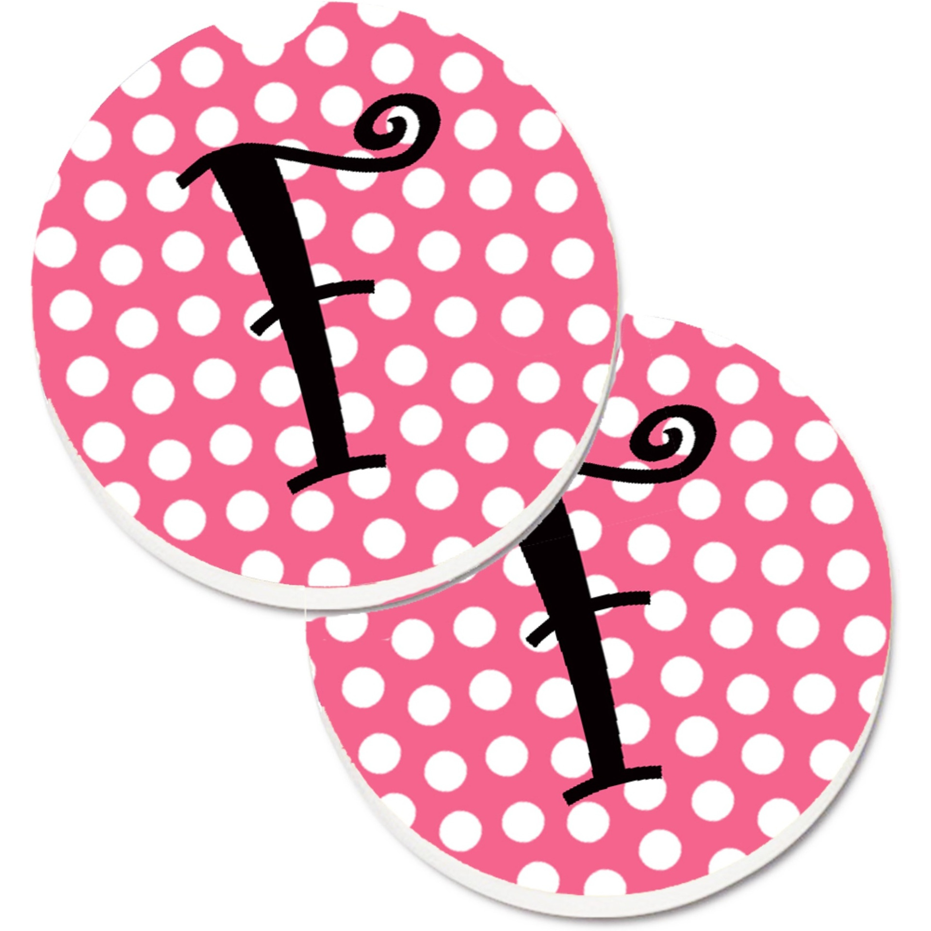 &quotCaroline's Treasures Letter F Monogram - Pink black Polka Dots Set of 2 Cup Holder Car Coasters CJ1001-FCARC, 2.56, Multicolor"