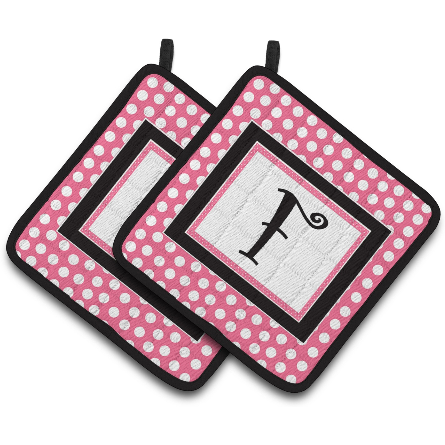 &quotCaroline's Treasures Letter F Monogram - Pink black Polka Dots Pair of Pot Holders CJ1001-FPTHD, 7.5HX7.5W, Multicolor"