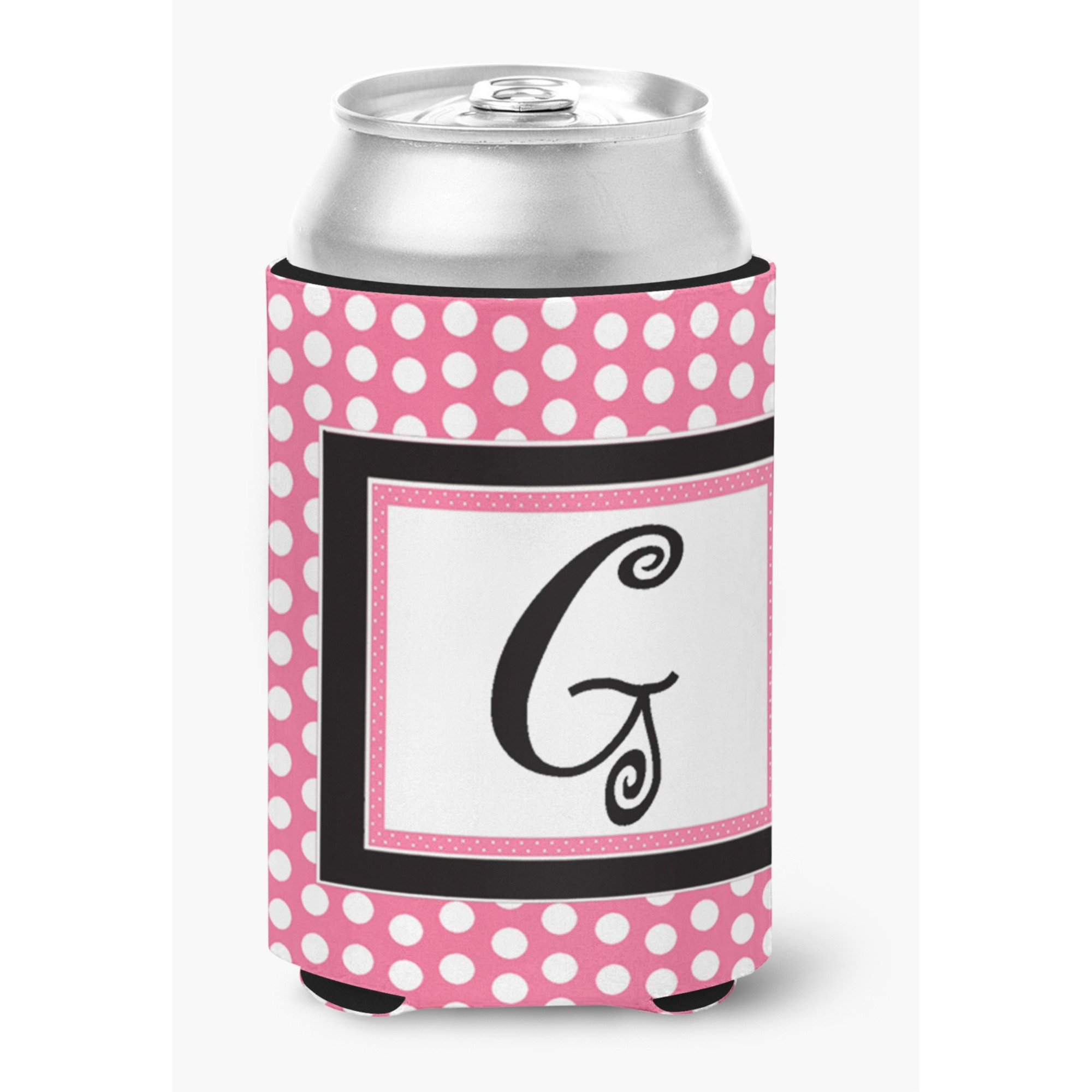 Letter G Initial Monogram - Pink Black Polka Dots Can or Bottle Beverage Insulator Hugger