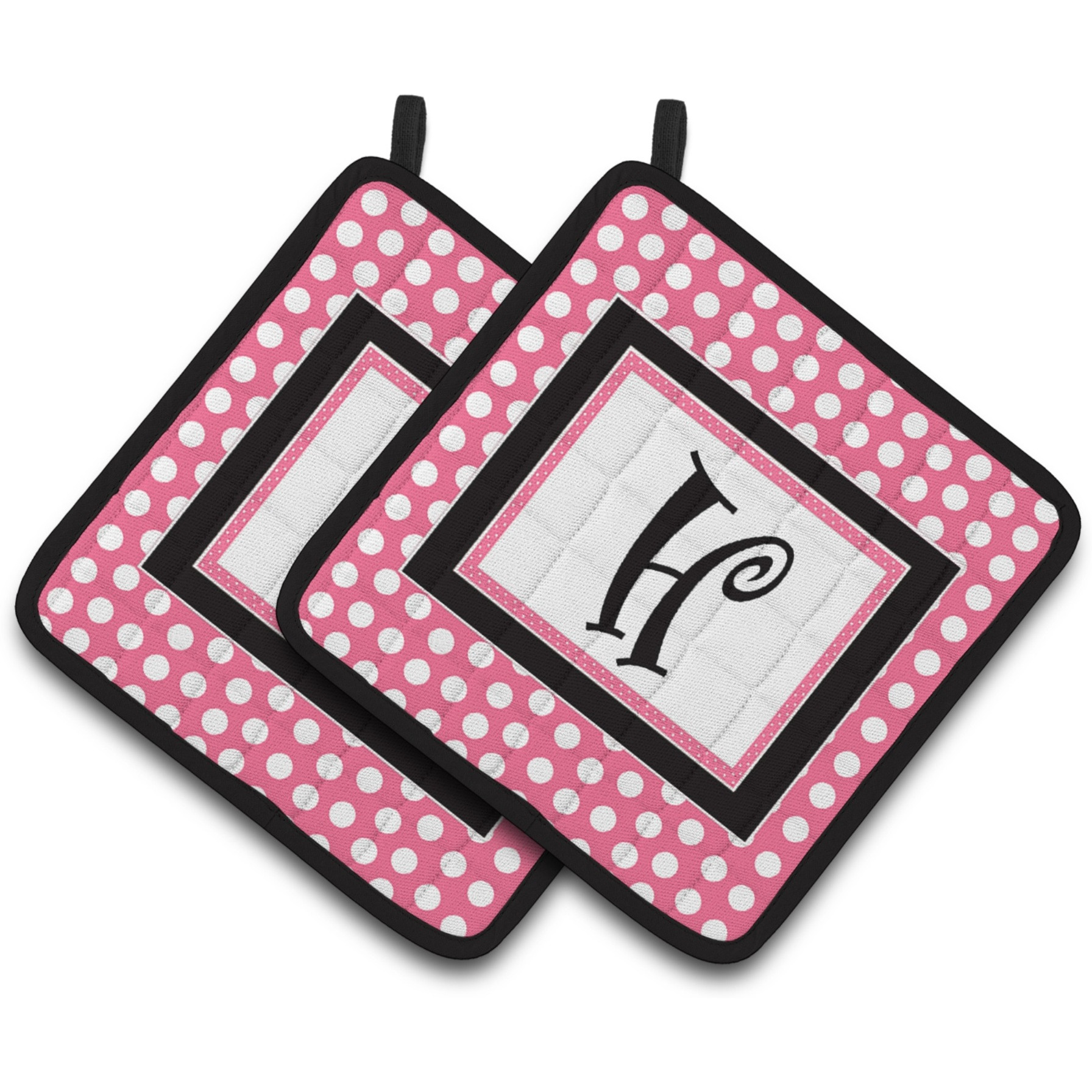 &quotCaroline's Treasures Letter H Monogram - Pink black Polka Dots Pair of Pot Holders CJ1001-HPTHD, 7.5HX7.5W, Multicolor"