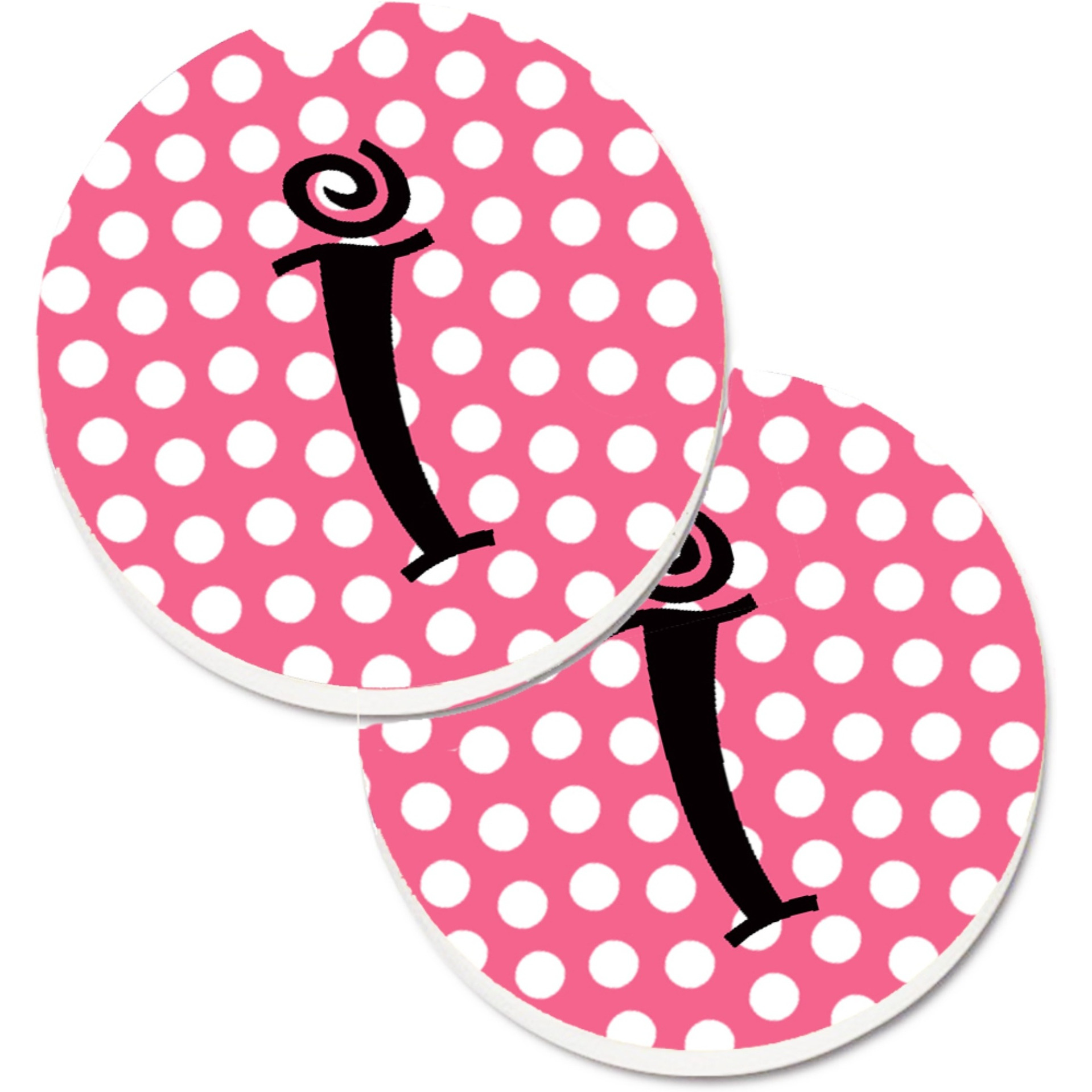 &quotCaroline's Treasures Letter I Monogram - Pink black Polka Dots Set of 2 Cup Holder Car Coasters CJ1001-ICARC, 2.56, Multicolor"