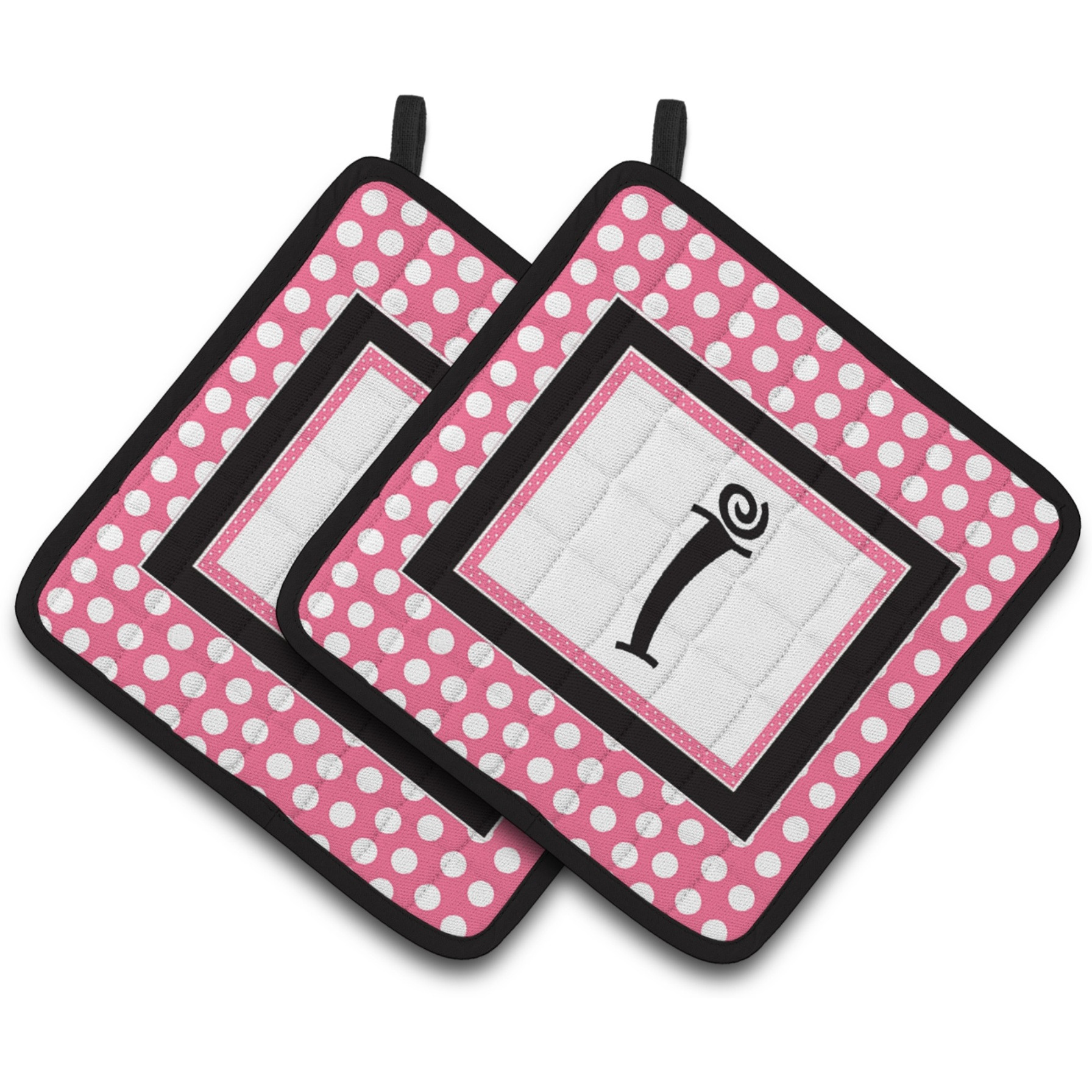 &quotCaroline's Treasures Letter I Monogram - Pink black Polka Dots Pair of Pot Holders CJ1001-IPTHD, 7.5HX7.5W, Multicolor"