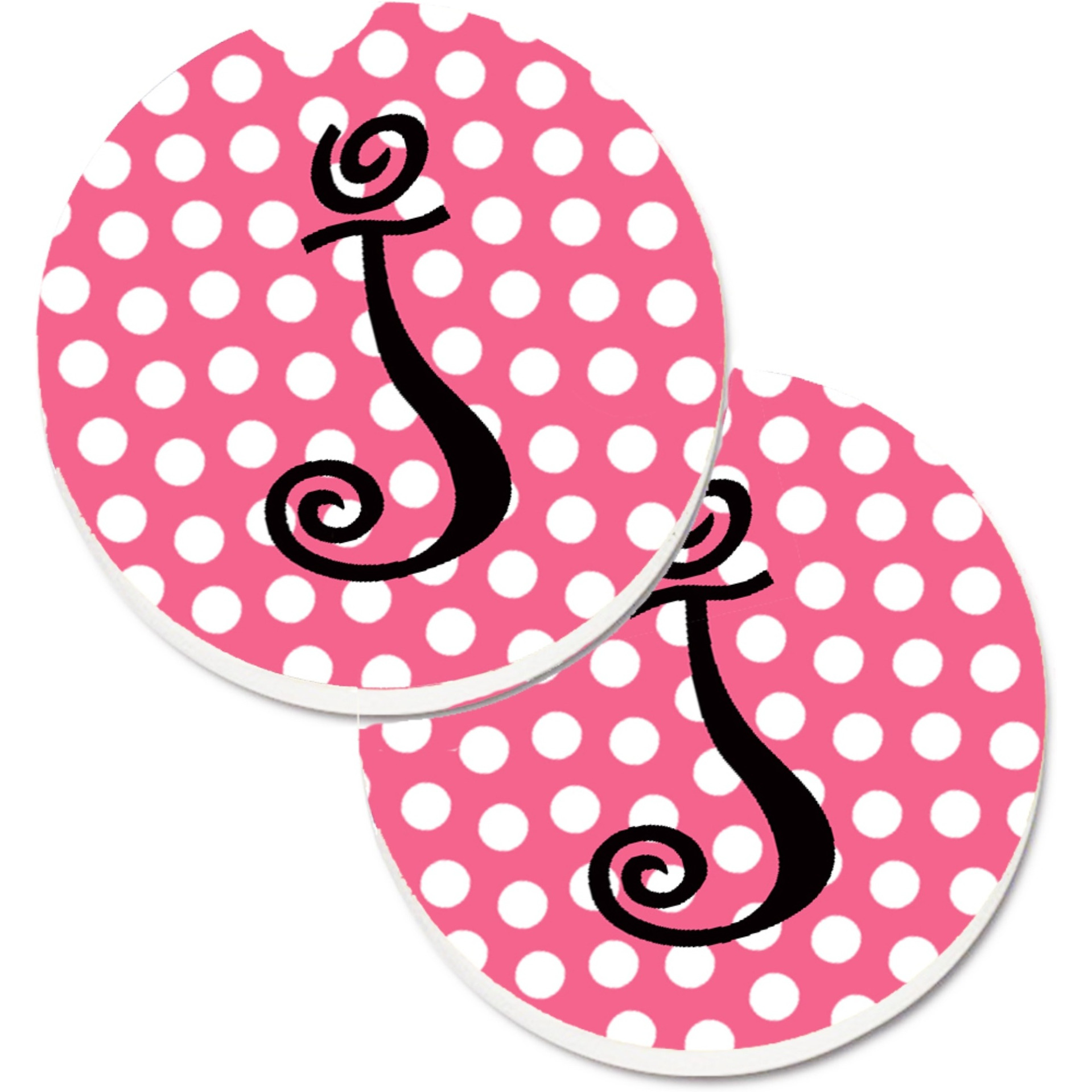 &quotCaroline's Treasures Letter J Monogram - Pink black Polka Dots Set of 2 Cup Holder Car Coasters CJ1001-JCARC, 2.56, Multicolor"