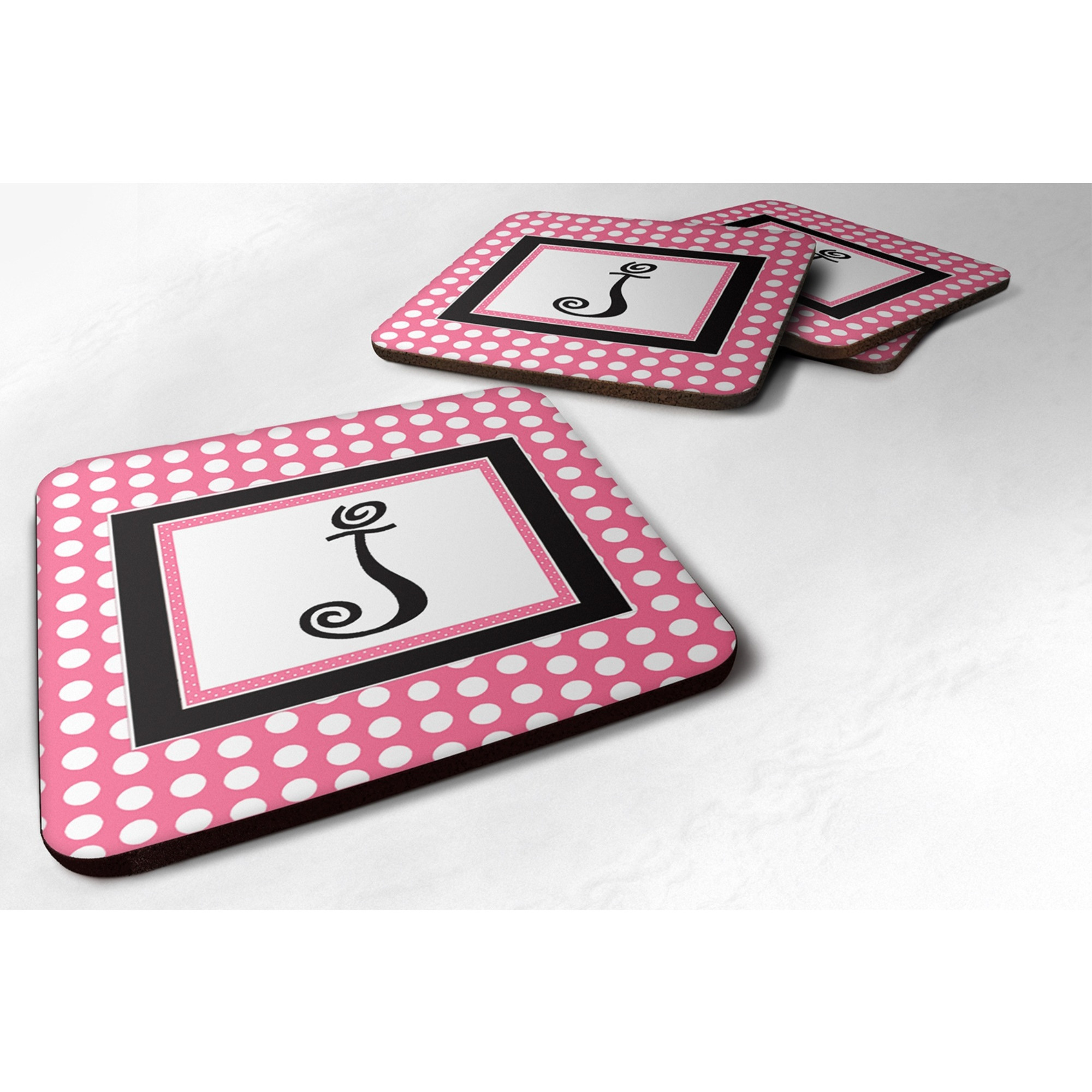 &quotCaroline's Treasures CJ1001-JFC Monogram-Pink Black Polka Dots Foam Coasters (Set of 4), Initial Letter J, 3.5"" H x 3.5"" W, Multicolor"