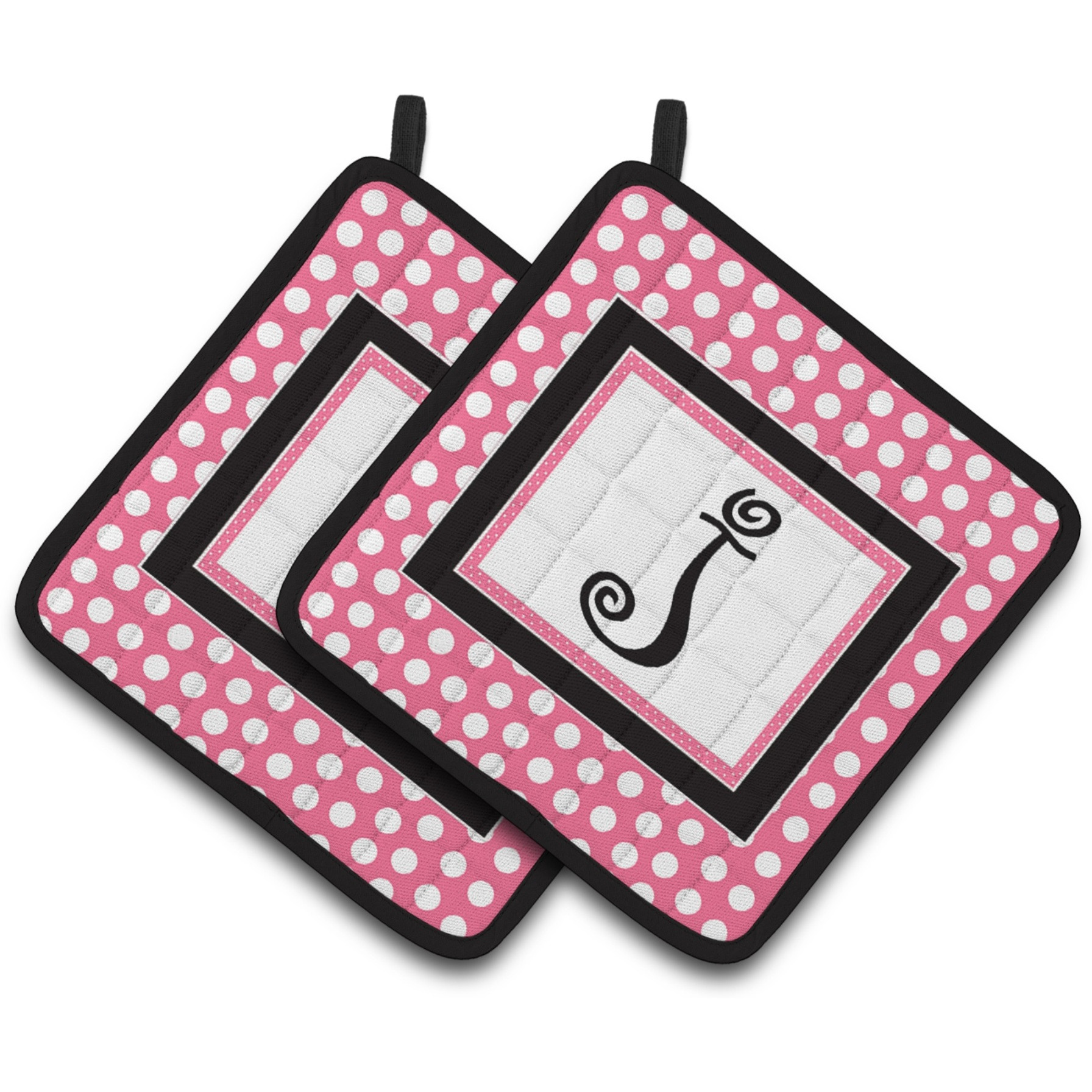 &quotCaroline's Treasures Letter J Monogram - Pink black Polka Dots Pair of Pot Holders CJ1001-JPTHD, 7.5HX7.5W, Multicolor"