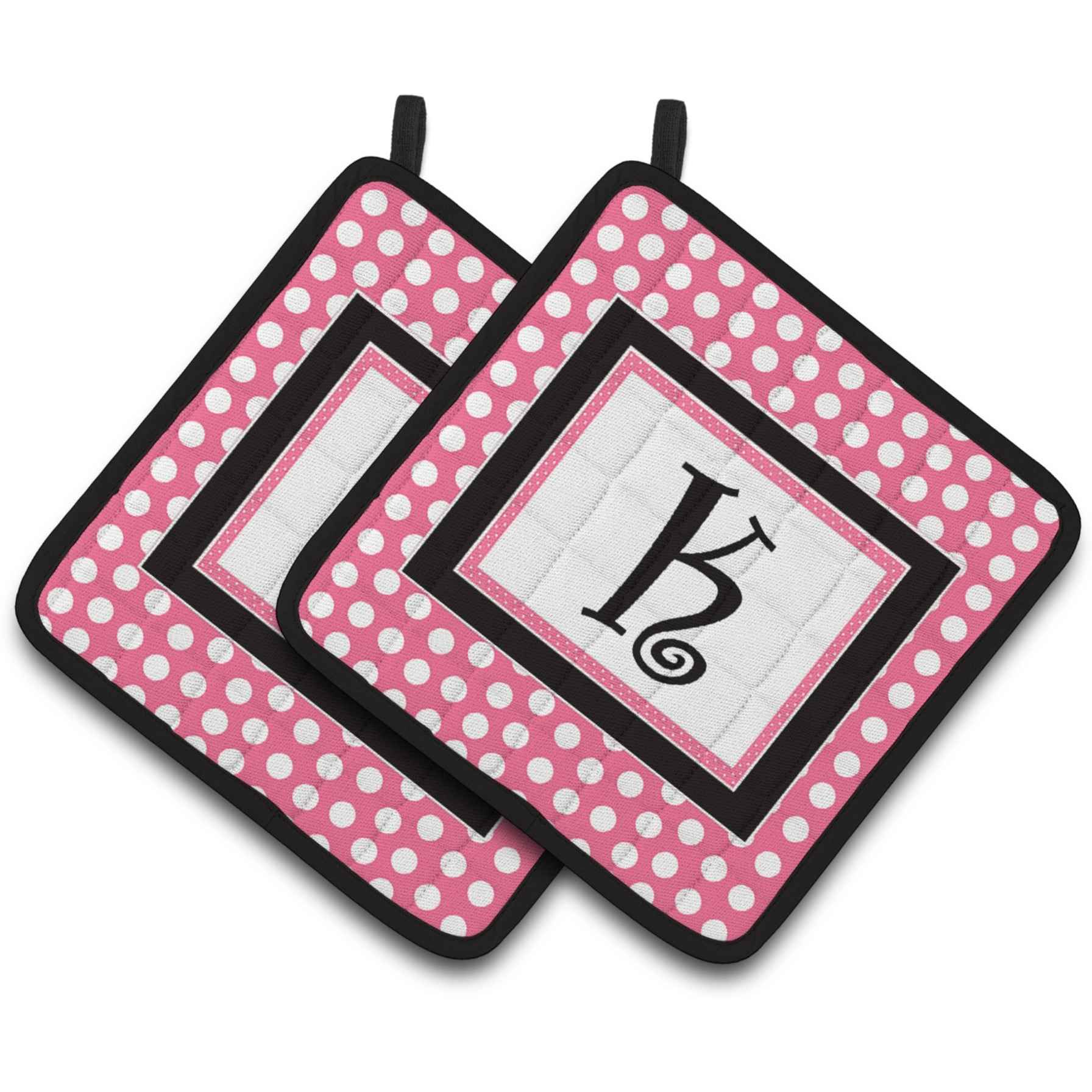 &quotCaroline's Treasures Letter K Monogram - Pink black Polka Dots Pair of Pot Holders CJ1001-KPTHD, 7.5HX7.5W, Multicolor"