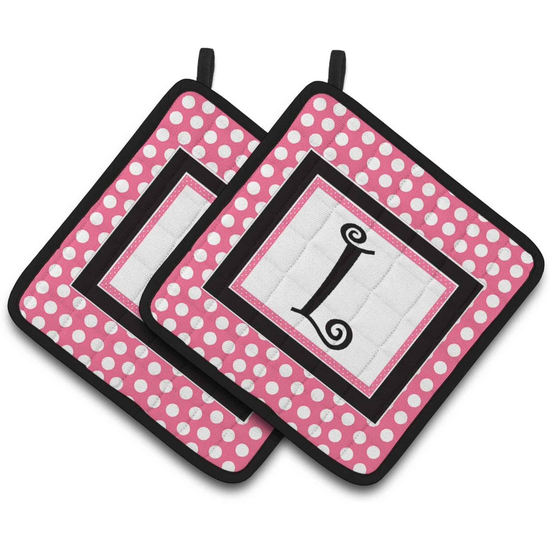 &quotCaroline's Treasures Letter L Monogram - Pink black Polka Dots Pair of Pot Holders CJ1001-LPTHD, 7.5HX7.5W, Multicolor"
