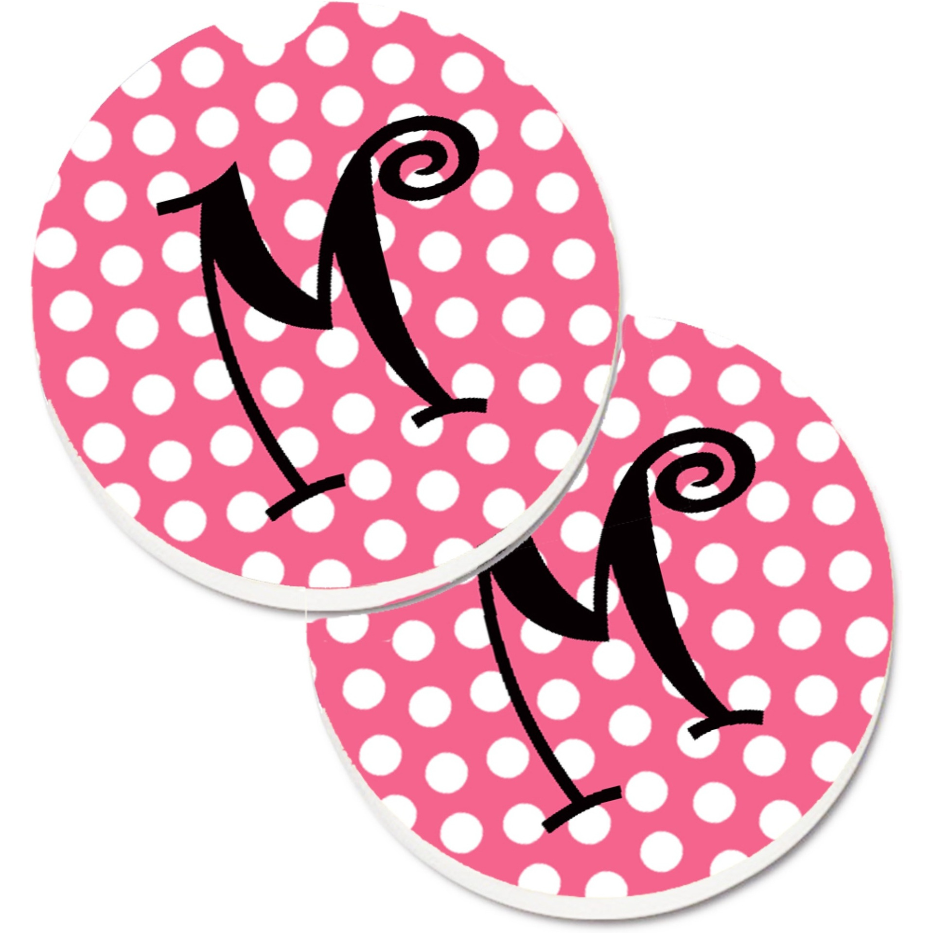&quotCaroline's Treasures Letter M Monogram - Pink black Polka Dots Set of 2 Cup Holder Car Coasters CJ1001-MCARC, 2.56, Multicolor"