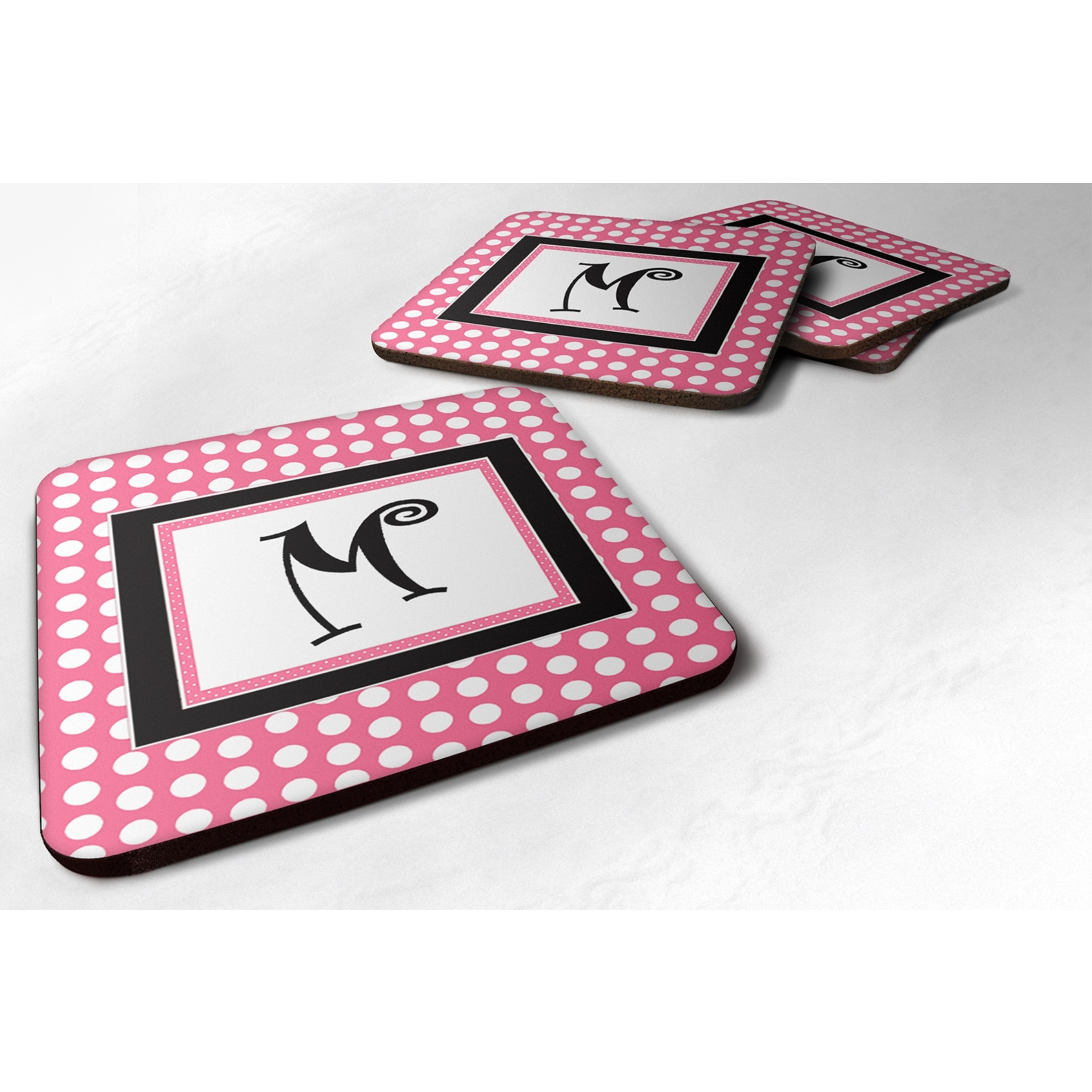 &quotCaroline's Treasures CJ1001-MFC Monogram-Pink Black Polka Dots Foam Coasters (Set of 4), Initial Letter M, 3.5"" H x 3.5"" W, Multicolor"