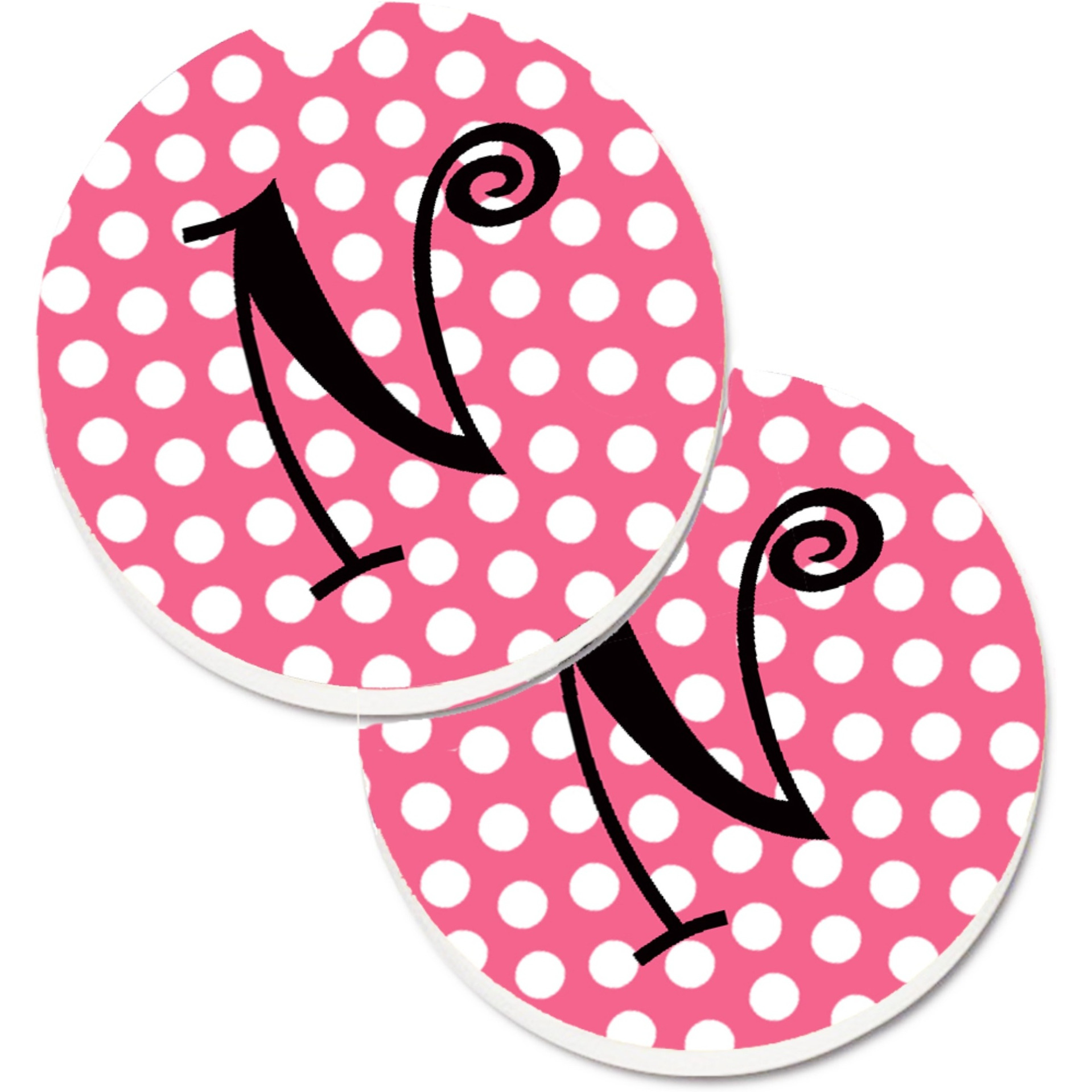 &quotCaroline's Treasures Letter N Monogram - Pink black Polka Dots Set of 2 Cup Holder Car Coasters CJ1001-NCARC, 2.56, Multicolor"