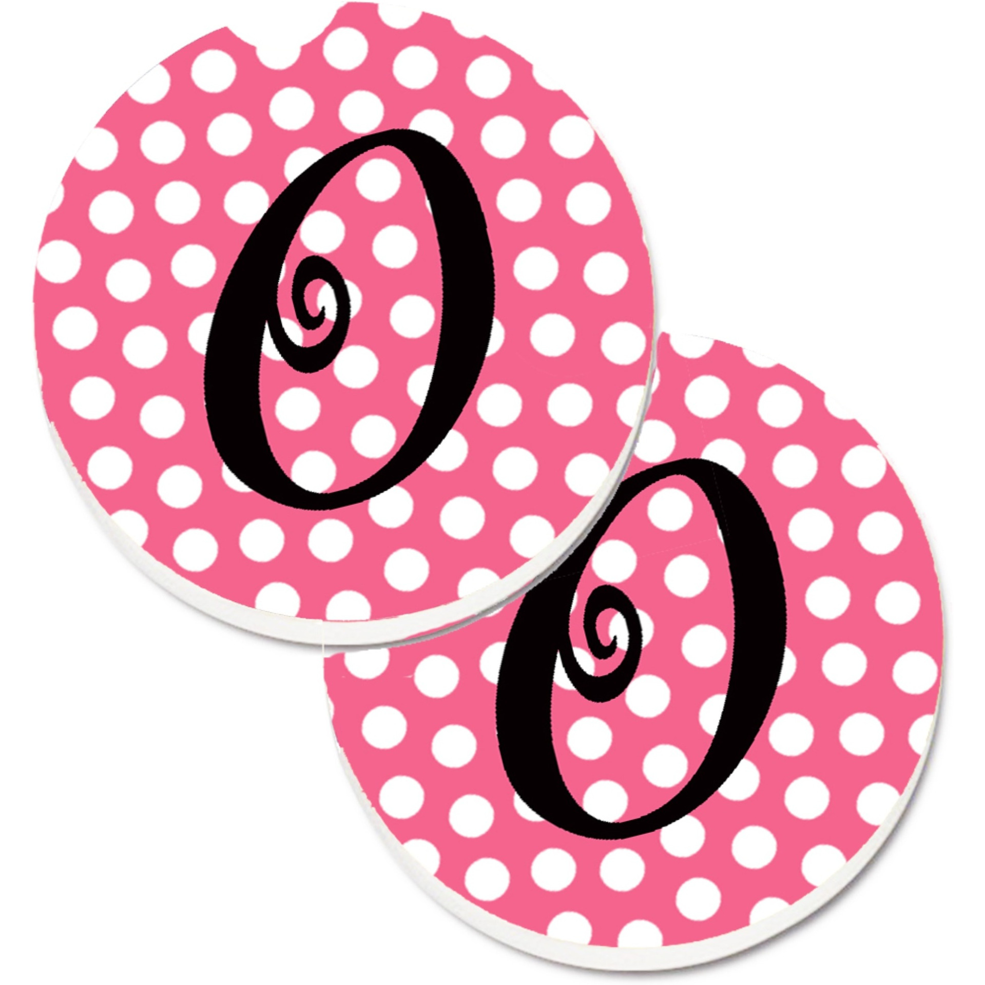 &quotCaroline's Treasures Letter O Monogram - Pink black Polka Dots Set of 2 Cup Holder Car Coasters CJ1001-OCARC, 2.56, Multicolor"
