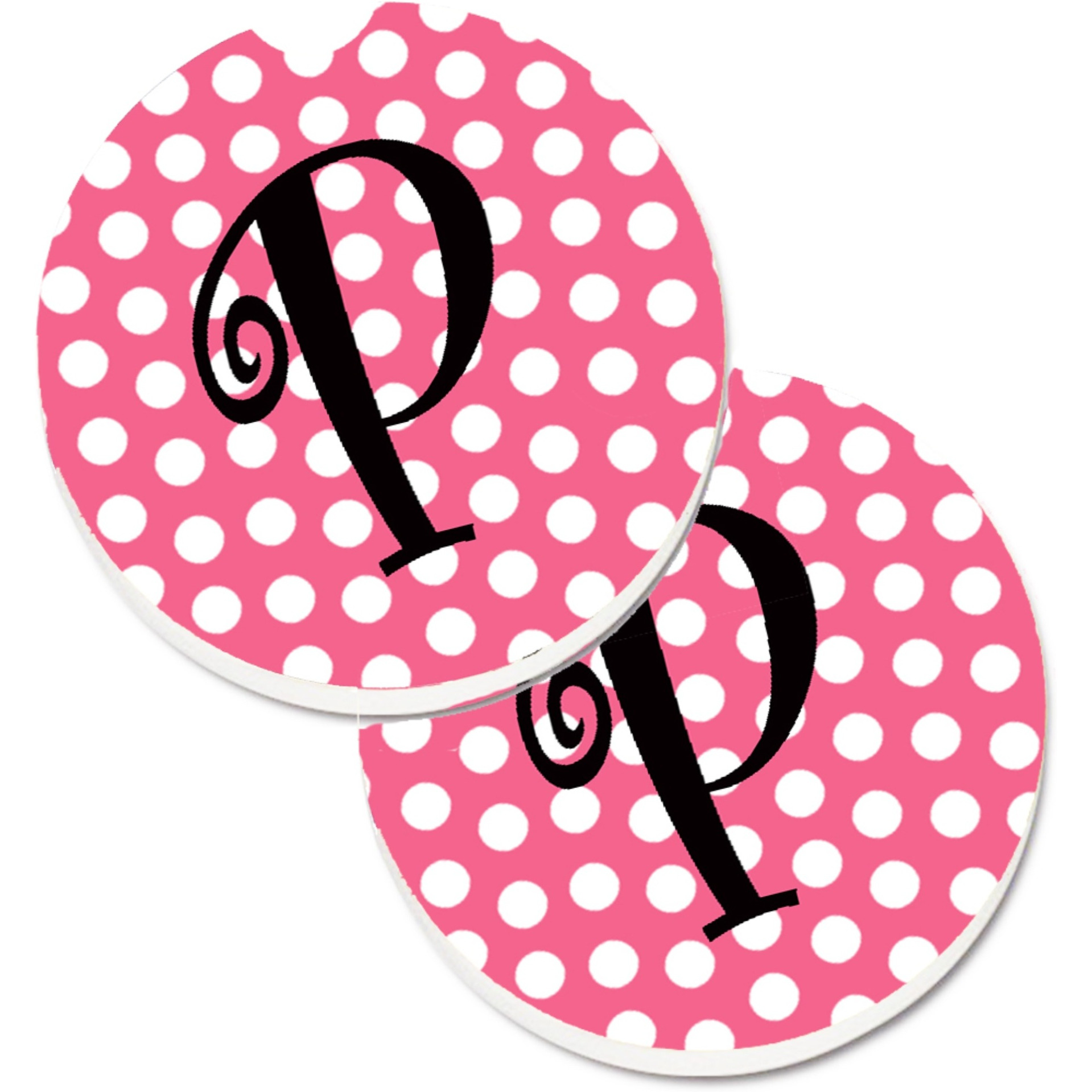 &quotCaroline's Treasures Letter P Monogram - Pink black Polka Dots Set of 2 Cup Holder Car Coasters CJ1001-PCARC, 2.56, Multicolor"
