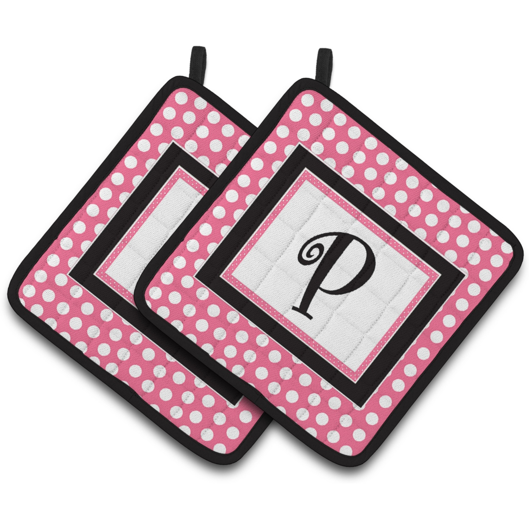 &quotCaroline's Treasures Letter P Monogram - Pink black Polka Dots Pair of Pot Holders CJ1001-PPTHD, 7.5HX7.5W, Multicolor"
