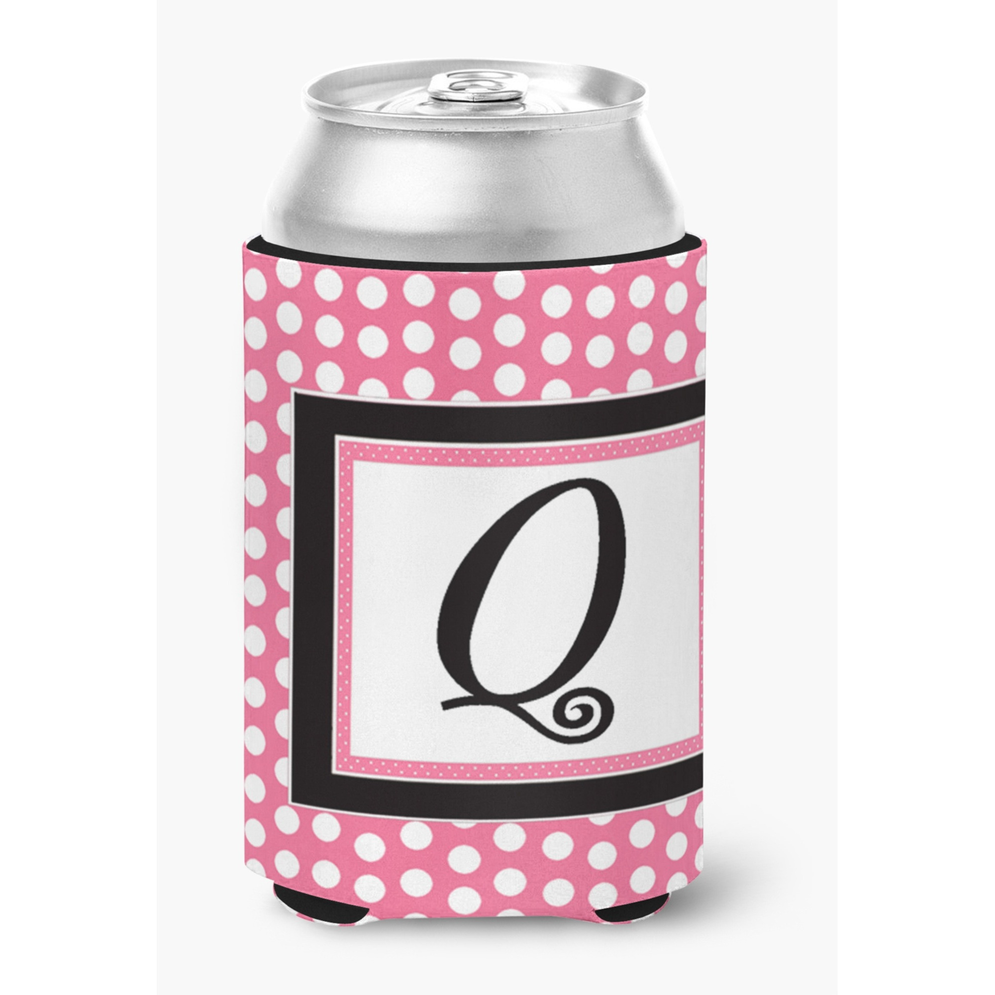 Letter Q Initial Monogram - Pink Black Polka Dots Can or Bottle Beverage Insulator Hugger