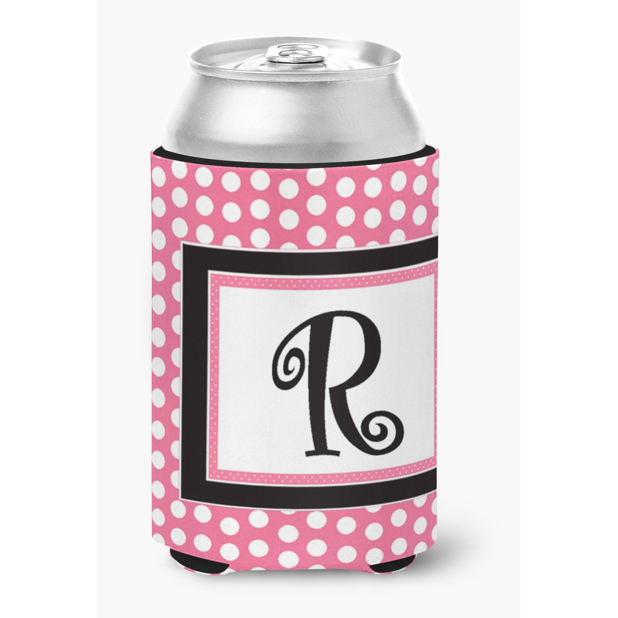 Letter R Initial Monogram - Pink Black Polka Dots Can or Bottle Beverage Insulator Hugger